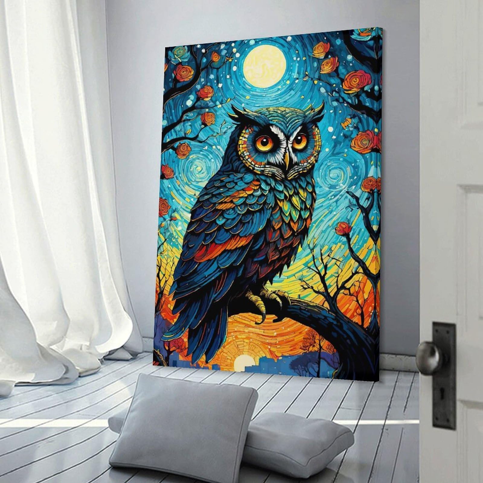 Junmoney Canvas Wall Art Owl in Starry Night, 24x36inch(60x90cm), for Lounge Decor, Bedroom Walls Or Flats, Eye Catching Artwork for Blank Walls