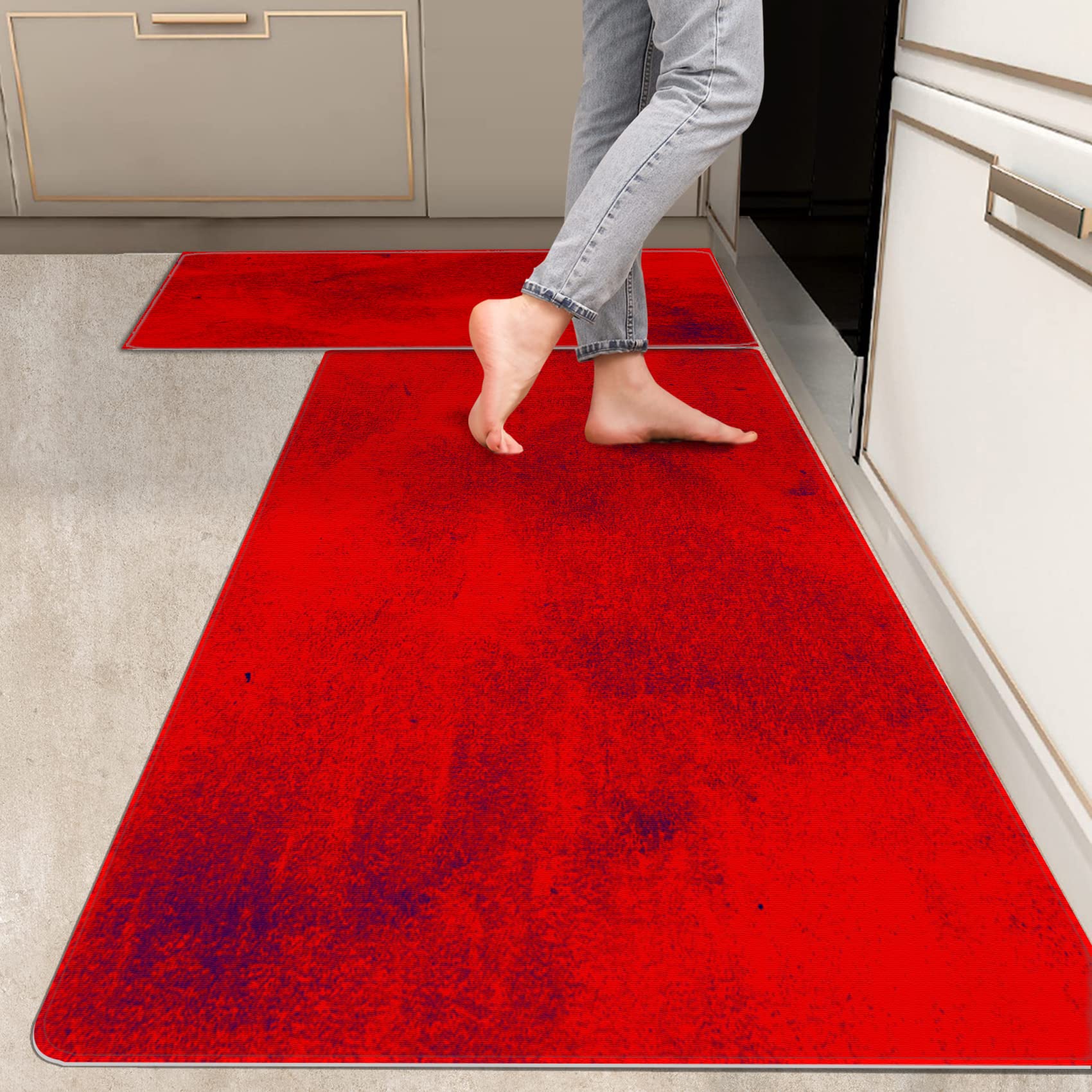 RYANZA 2 Pieces Kitchen Rugs, Abstract Anti Fatigue Non Slip Foam Cushioned Red Dappled Graffiti Art Modern Comfort Indoor Floor Mat Runner Rug Set
