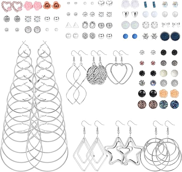 MILACOLATO 63 Pairs Earrings Set for Women,Assorted Multiple Earrings, Butterfly Geometric Faux Crystal Pearl Stud Earrings Set, Drop Dangle Earrings for Party Jewelry Gifts