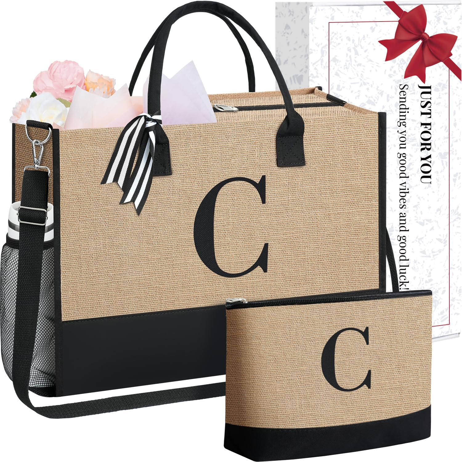 BAGAIL Initial Tote Bag with Makeup Bag, Personalized Gifts for Woman, Monogrammed Beach Bag for Friends, Mom, Teachers(Jute Brown, C)