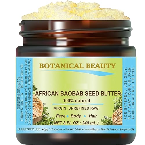 Botanical Beauty Mantequilla de aceite de baobab. 100% natural virgen crudo sin refinar prensado en frío para cara, piel, cabello dañado, labios,
