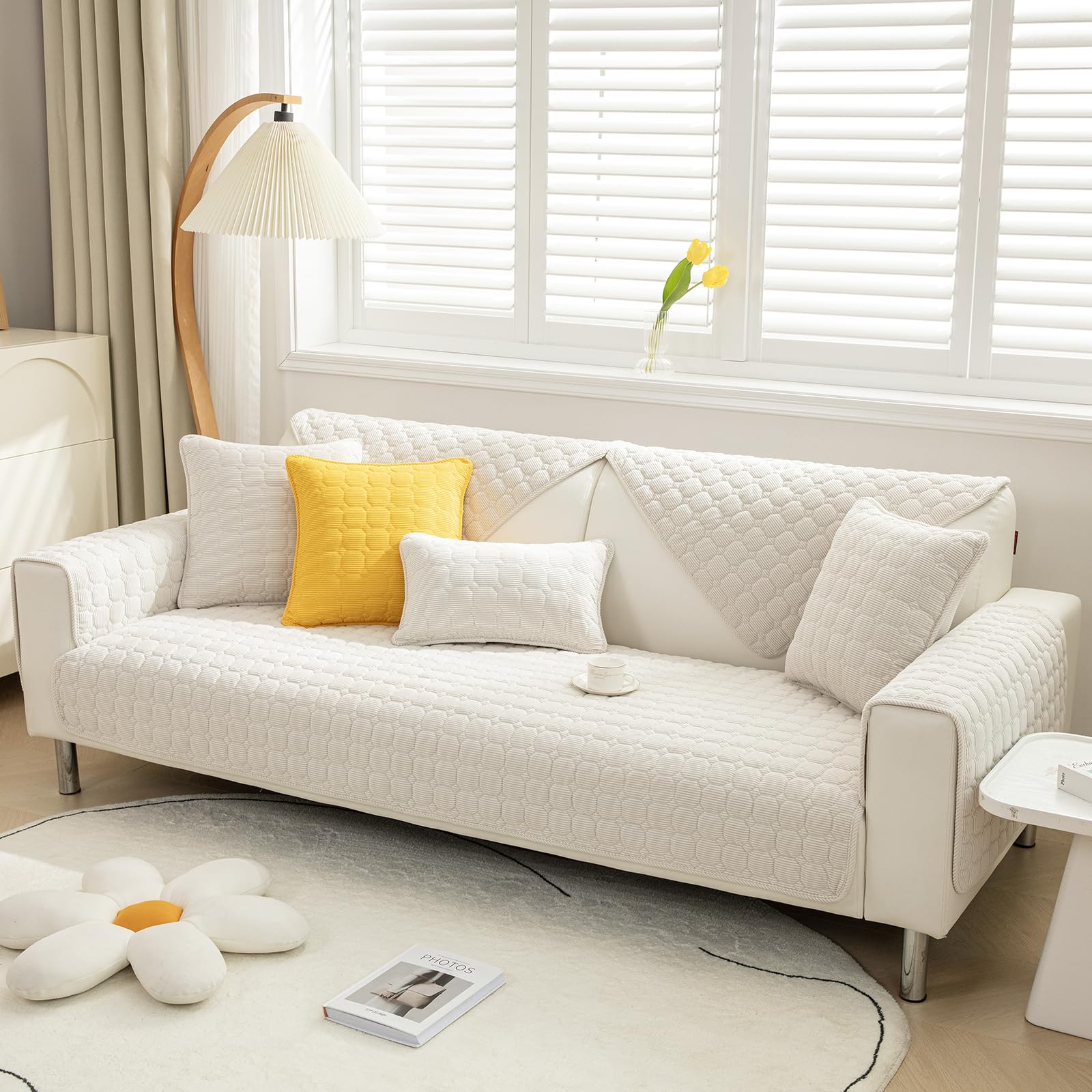 LiveGo Soft Corduroy Sofa Cover, Couch Covers for Sectional Non-Slip Sofa Covers 1 2 3 Seater, Corner Sofa Cover L Shape Slipcover for Dogs Cats Pet Seat Sofa Cushion (90 * 90CM, Beige)