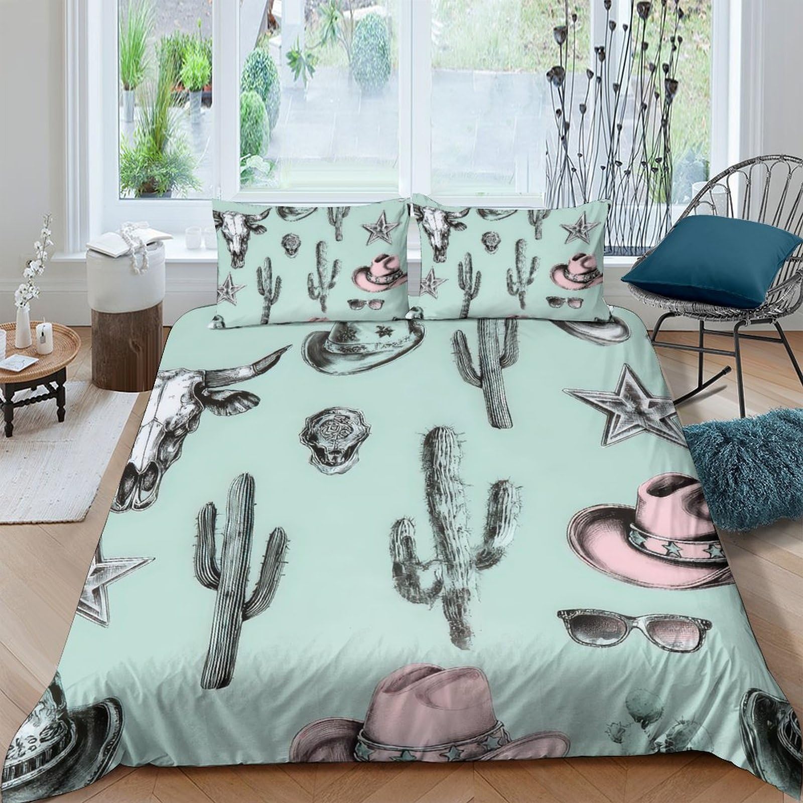 Ctjqhvkz Style-3 3D Printed Cactus Western Fitted Sheet Microfiber Soft Breathable Cowboy Hat Mattress Cover For Bedroom Decor Single（135X200cm）