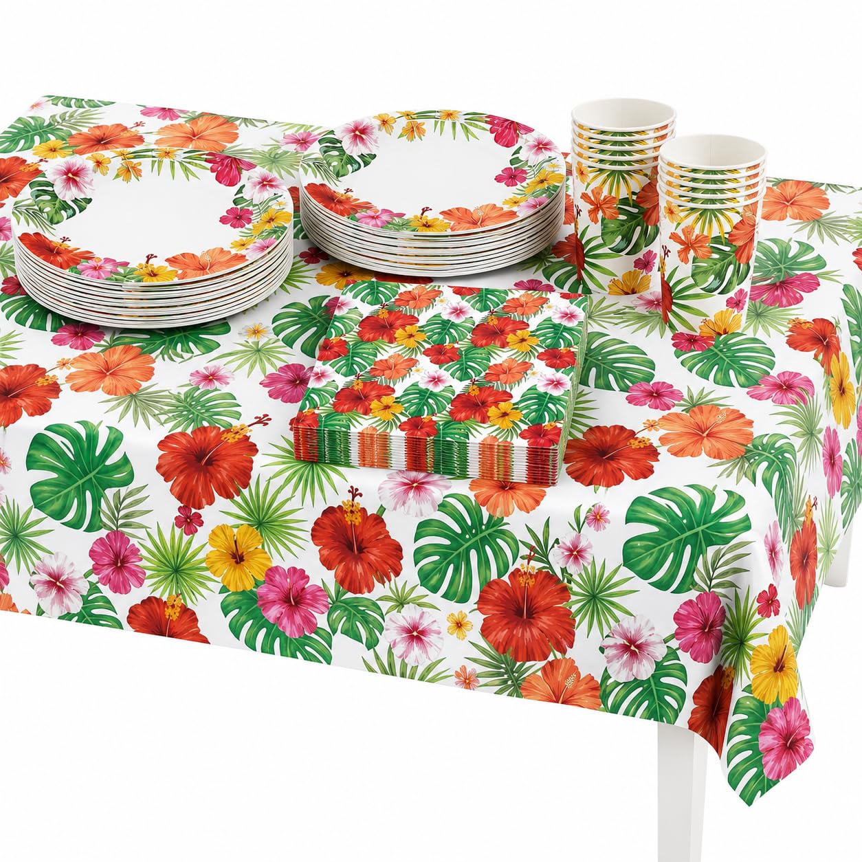 AURALIN Hawaiian Party Tableware Set for 16 Guests, Hibiscus Tropical Paper Plates Cups Napkins and Reusable Tablecloth, Luau Summer Garden Beach Theme Party Supplies, 53P