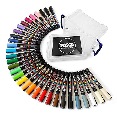 POSCA PC-3M Marker Pen Set, schreibt auf jeder Oberfläche – Glas, Metall, Holz, Kunststoff, Stoff 1 von jeder Farbe – 32 Stifte