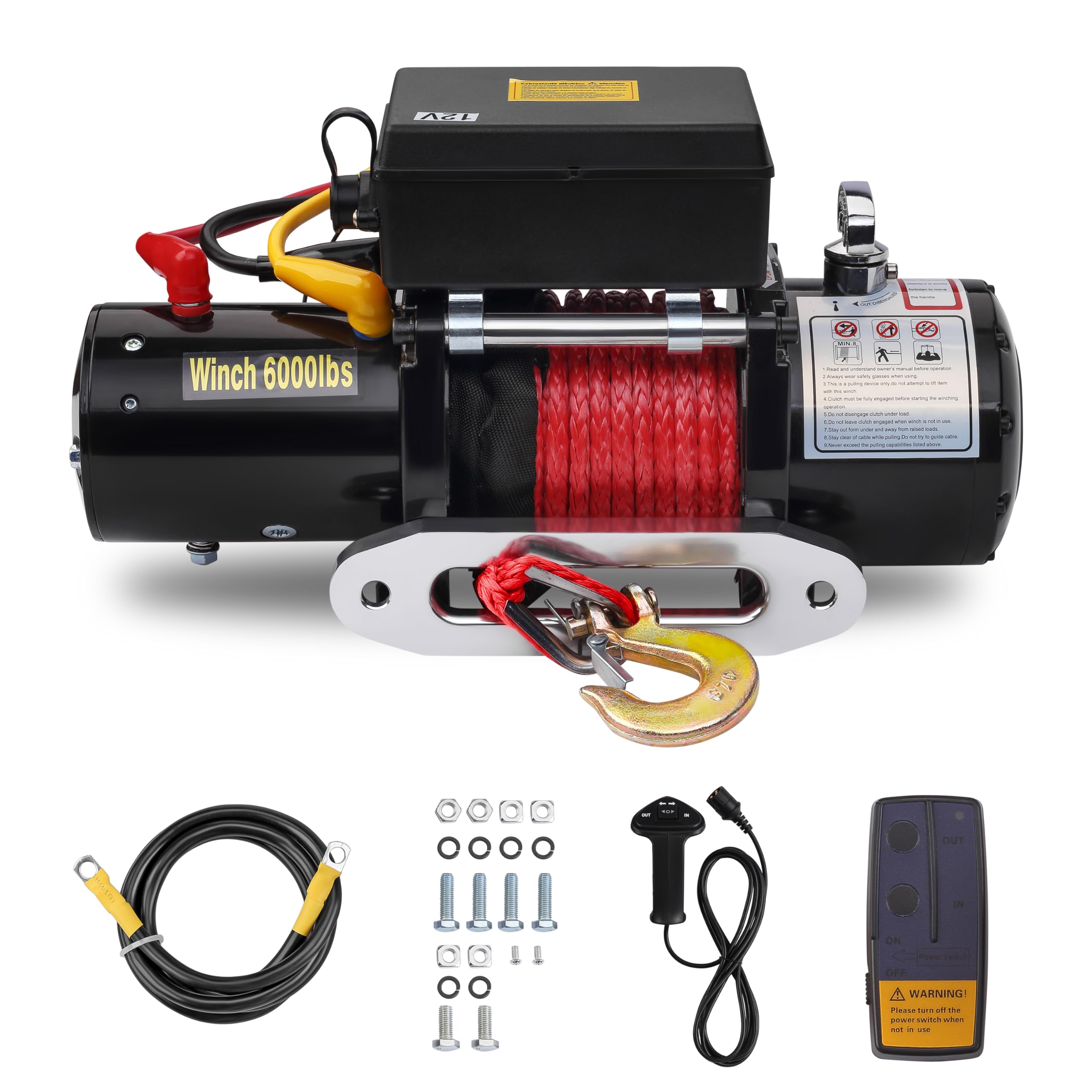 TEENO Verricello Elettrico 12v, 6000 LBS/2722 Kg, Verricello Sintetico del Telecomando Senza Fili, Corda di Trazione è Corda di Nylon Rossa, Telecomando Senza Fili 30m eTelecomando cablato