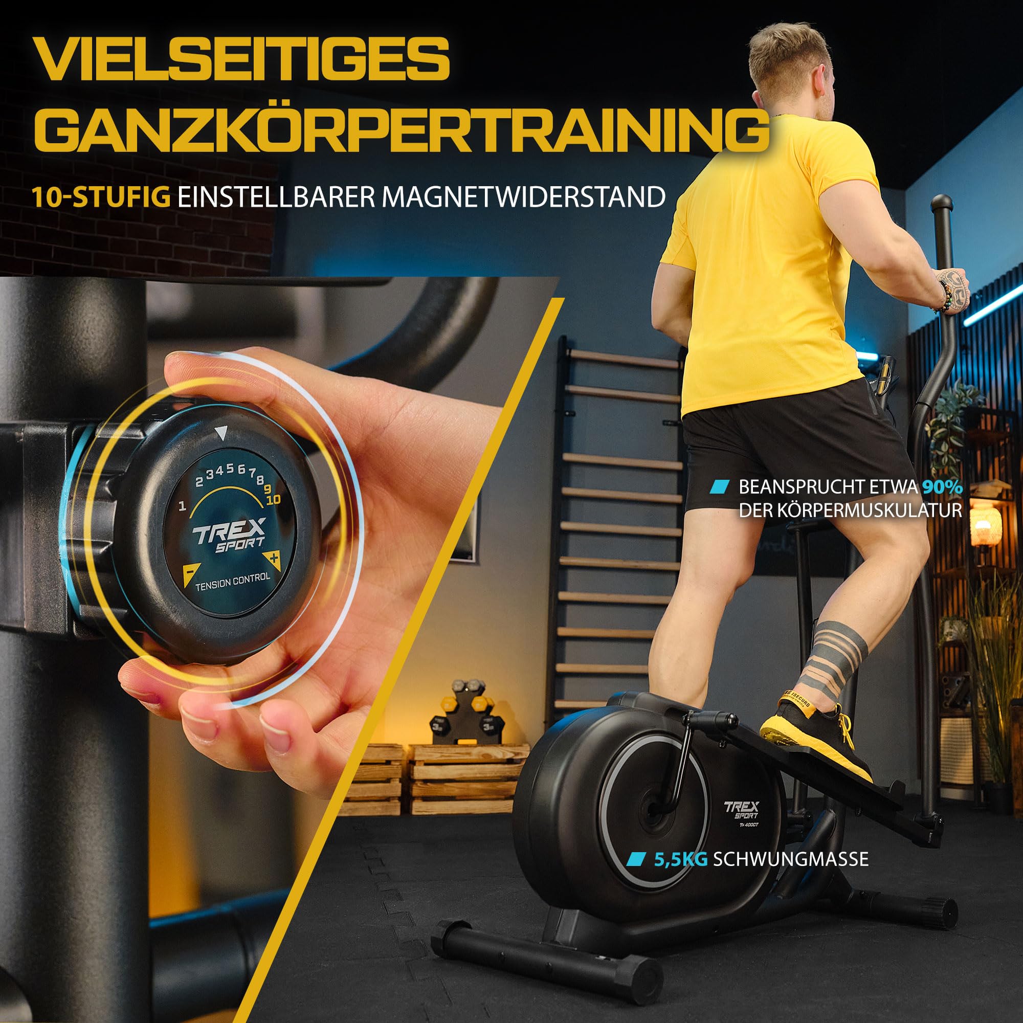 TREX SPORT Crosstrainer für zuhause TX-400CT Dash | Ellipsentrainer mit 10-stufigen Widerstand, Pulssensoren, Display, Tablet-Halterung | leise, bis 120kg