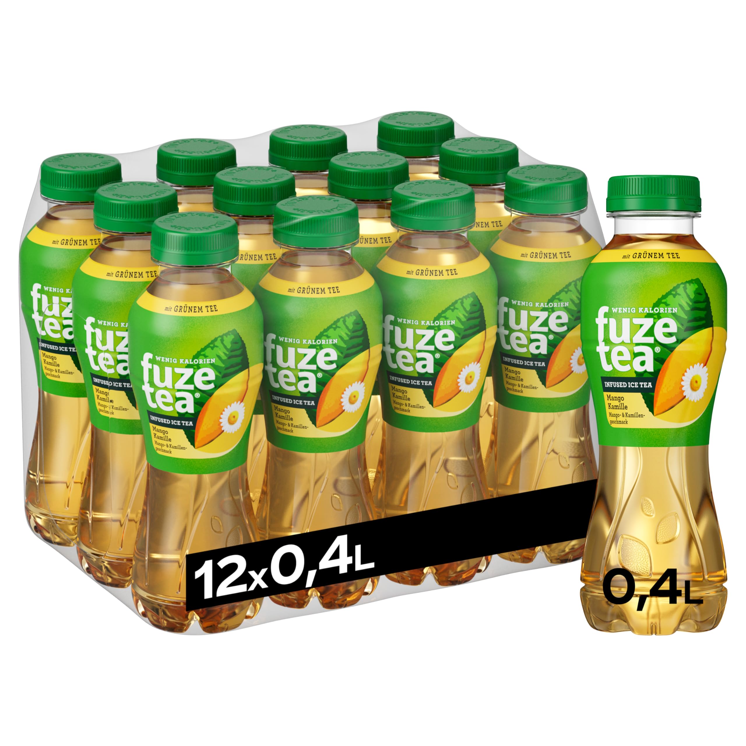 Fuze Tea Grüner Tee Mango Kamille - erfrischende Fusion aus Tee, Saft und Kräutern mit Kombination aus Mango und Kamille - kalorienarmer Eistee aus nachhaltigem Anbau - Einweg Flaschen (12 x 400 ml)