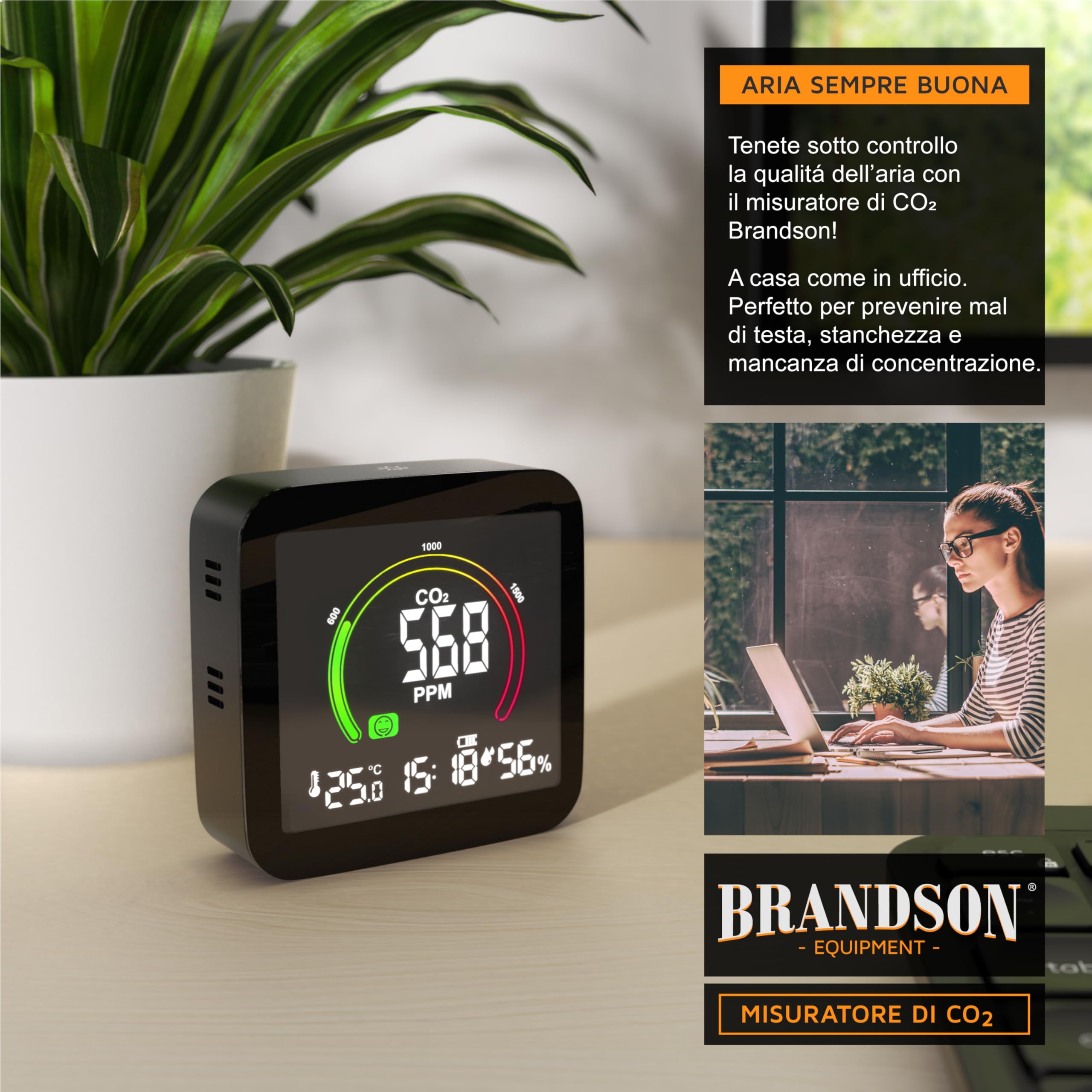 Brandson - Misuratore di CO2 misurazione dell'anidride carbonica PPM - Allarme - Sveglia con Funzione Snooze - Temperatura, Ora, umidità - Batteria Ricaricabile Integrata - Nero