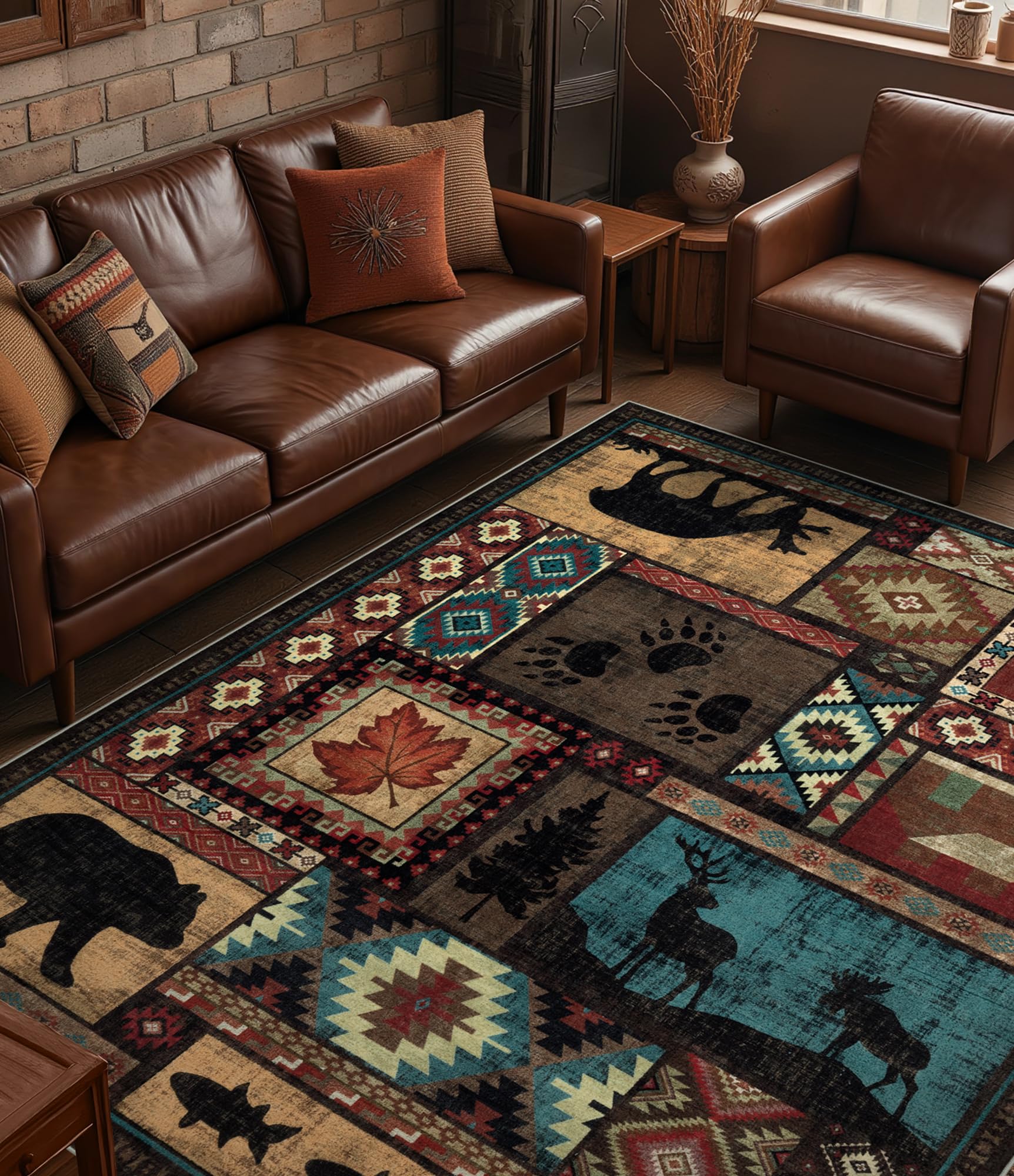 YIHOUSE Rustic Cabin Area Rug 6x9,Machine Washable Lodge Bear Rug,Non-Slip Low Pile Print Pattern Southwestern Rug for Living Room Bedroom