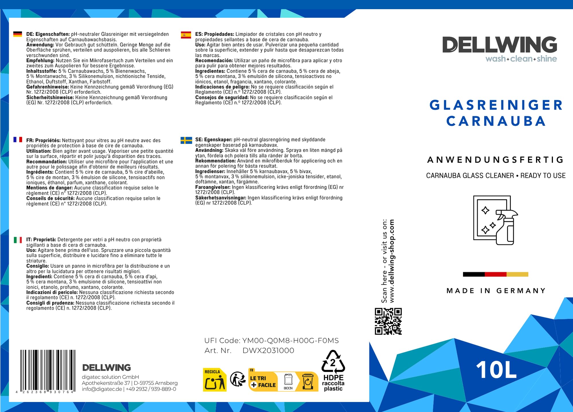 Dellwing Glasreiniger Carnauba 10 l, anwendungsfertiger Scheibenreiniger mit Versiegelung, ideal für verglaste Flächen, Spiegel und Kacheln, Fensterreiniger, Made in Germany | anwendungsfertiger Scheibenreiniger mit Versiegelung, ideal für Scheiben, Spieg