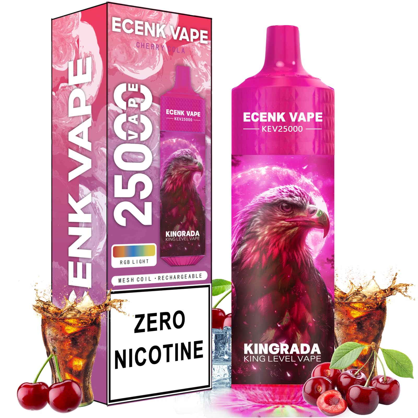 ECENK VAPE 電子タバコ シーシャ VAPE 15,000回吸引可能 充電式 ニコチンなし タールなし 10風味 爆煙 イルミネーション搭載 大容量 持ち運び 水蒸気たばこ ベイプ 本体 ベープ 小型 人気 禁煙サポート (チェリー·コーラ)
