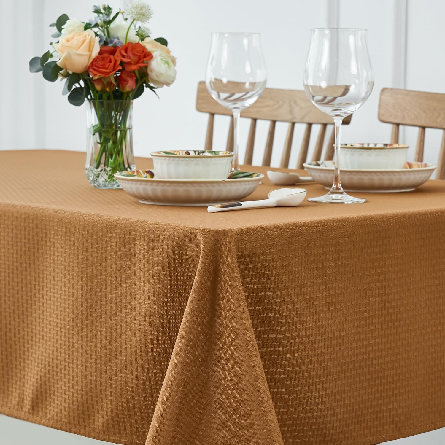 maxmill Fall Tablecloth Waterproof Spillproof Wrinkle Resistant Soft Weaved Texture Design Table Cloth for Harvest Thanksgiving Dinner Parties Indoor and Outdoor Use, Square 52 x 70 Inch, Amber 70" x 52" (Rectangular) Amber