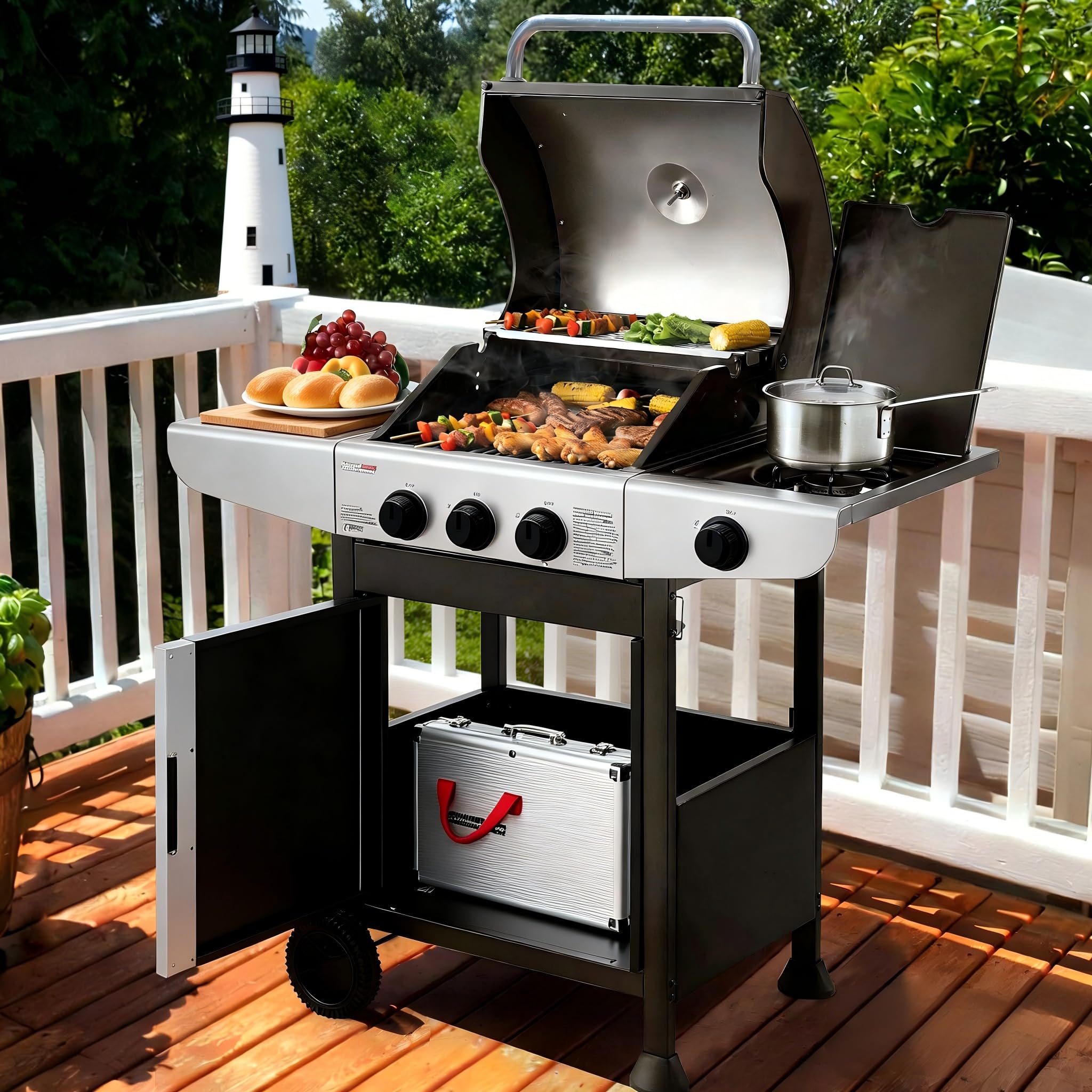 Royal Gourmet Barbecue Gaz à 3 Brûleurs avec Brûleur Latéral, Gril à Gaz sur Chariot de Puissance 11,5 KW avec 2 Grille en Fonte et 2 Tables d’Appoint, Adapté pour Jardin et Extérieure, Argent