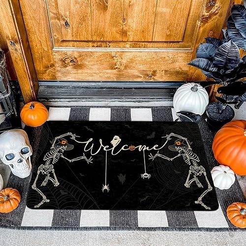 Miniatura 6 de Tapete de Halloween para puerta, espeluznante esqueleto de Halloween para exteriores, divertido tapete de calavera de Halloween, tapete de Halloween