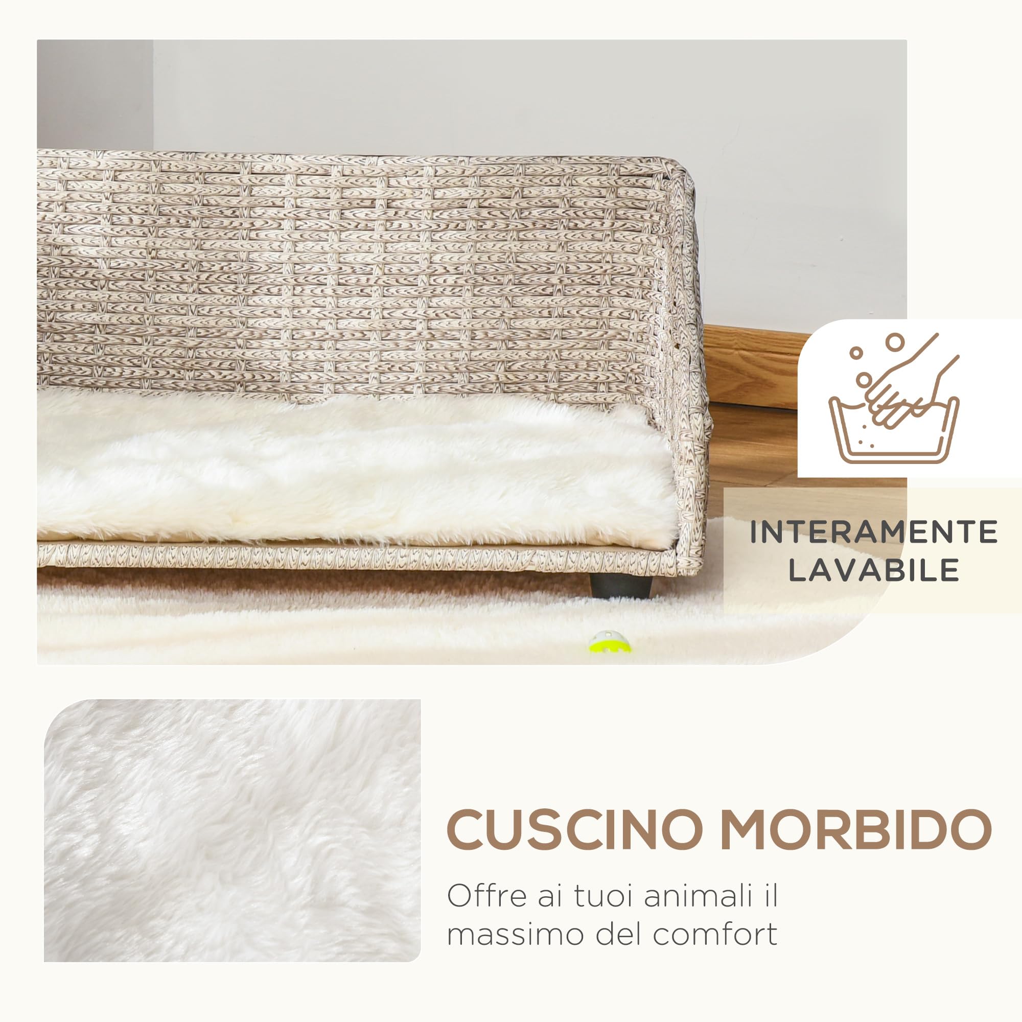 PawHut Cuccia per Cani e Gatti Rialzata in Rattan con Cuscino Lavabile Bianco, Lettino per Animali da Interno, 70.5x40x37.5cm, Beige