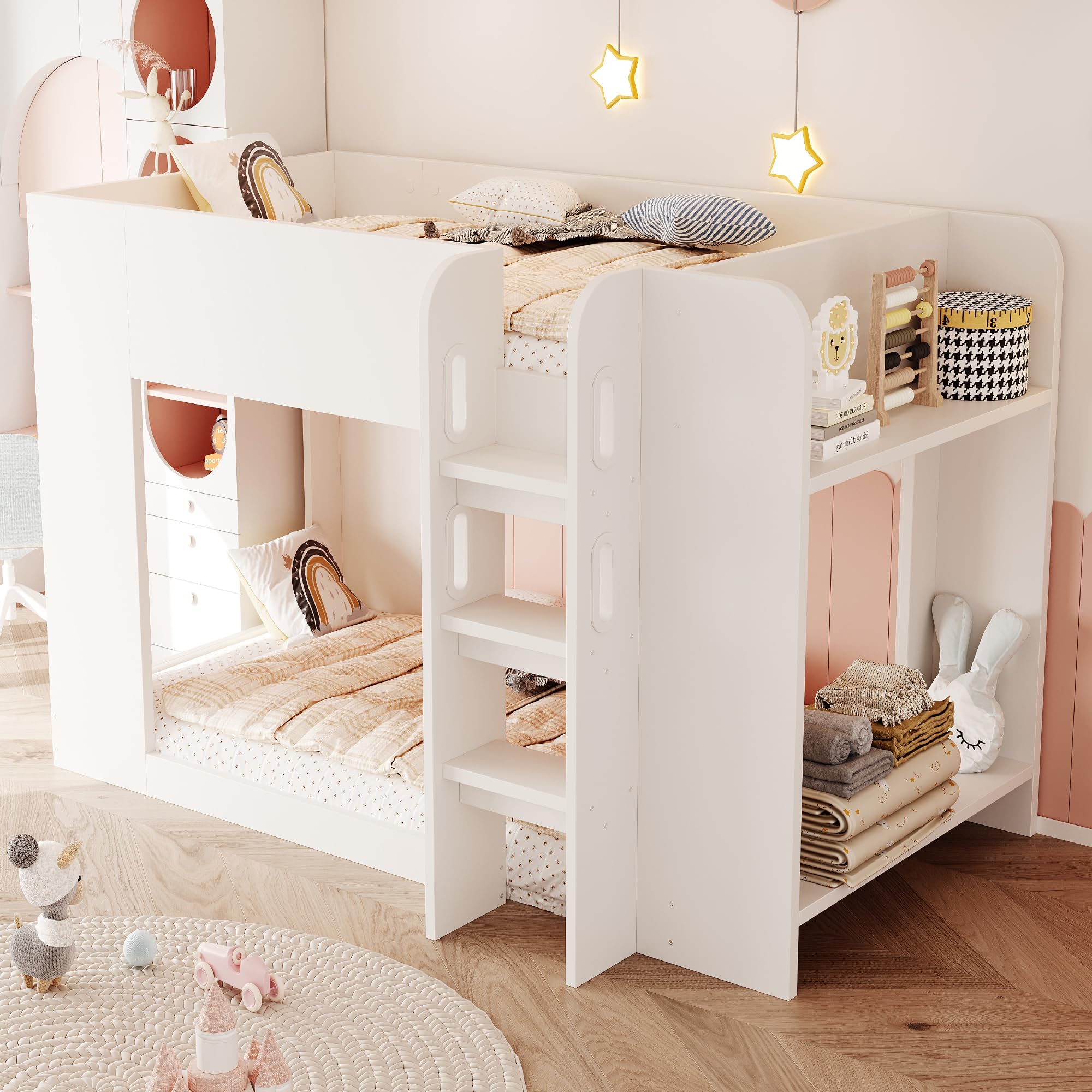 Merax Lit superposé pour enfant 90 x 200 cm avec grille de sécurité, échelle de sécurité, compartiment de rangement à double étages et sous-lit personnalisable - Blanc (sans matelas)