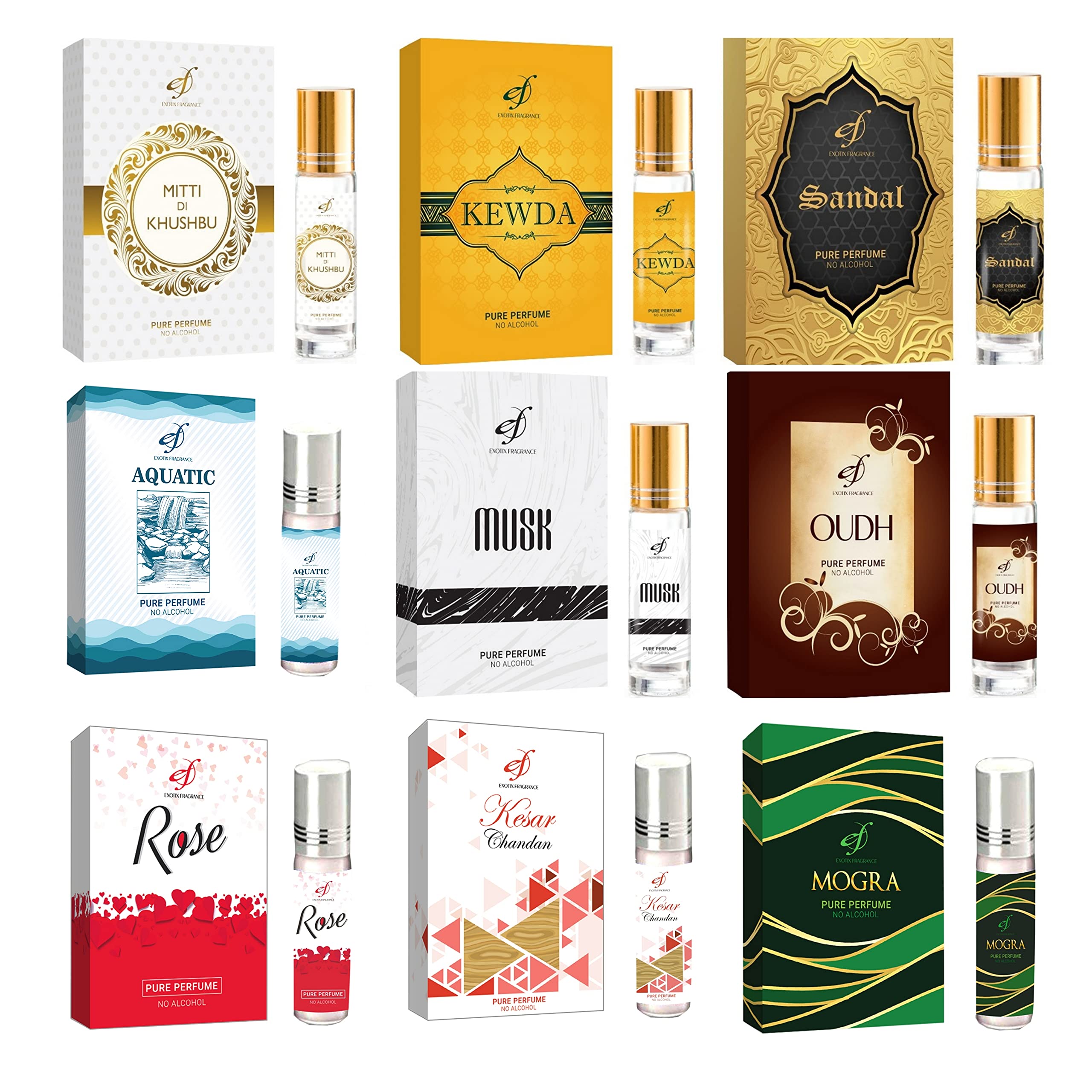Exotix FragrancePerfect Combo of 9 Premium Attars | Aquatic, Kewda, Sandalwood, Magnum, Musk, Oudh, Rose, Kesar Chandan & Mogra | Alcohol-Free, Long-Lasting Perfume Set.