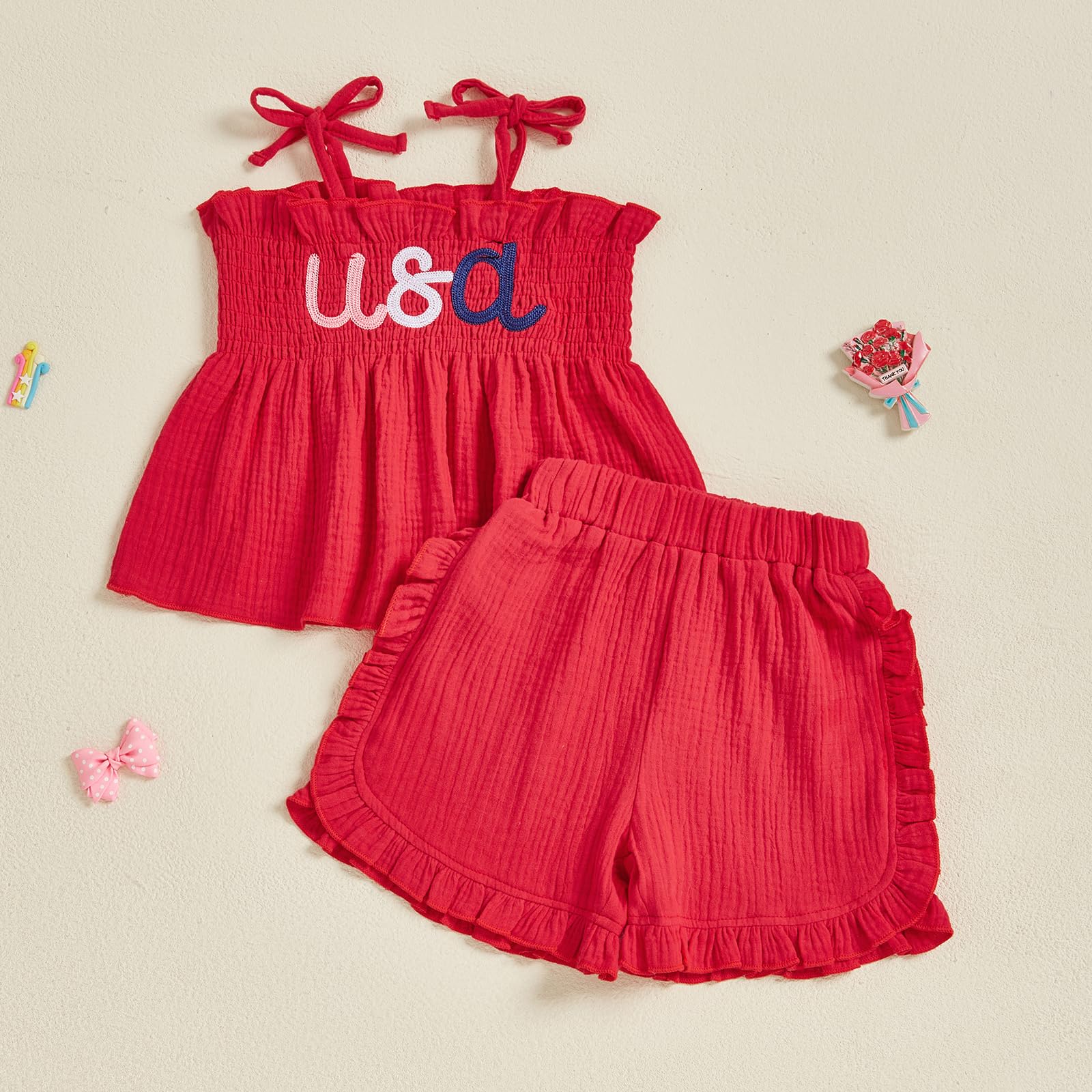 Kayotuas 4th Of July Toddler Girl Outfit Smocked Summer Clothes Usa Spaghetti Strap Tank Top Dress Ruffle Shorts 2 Piece Set (Red, 4-5T)
