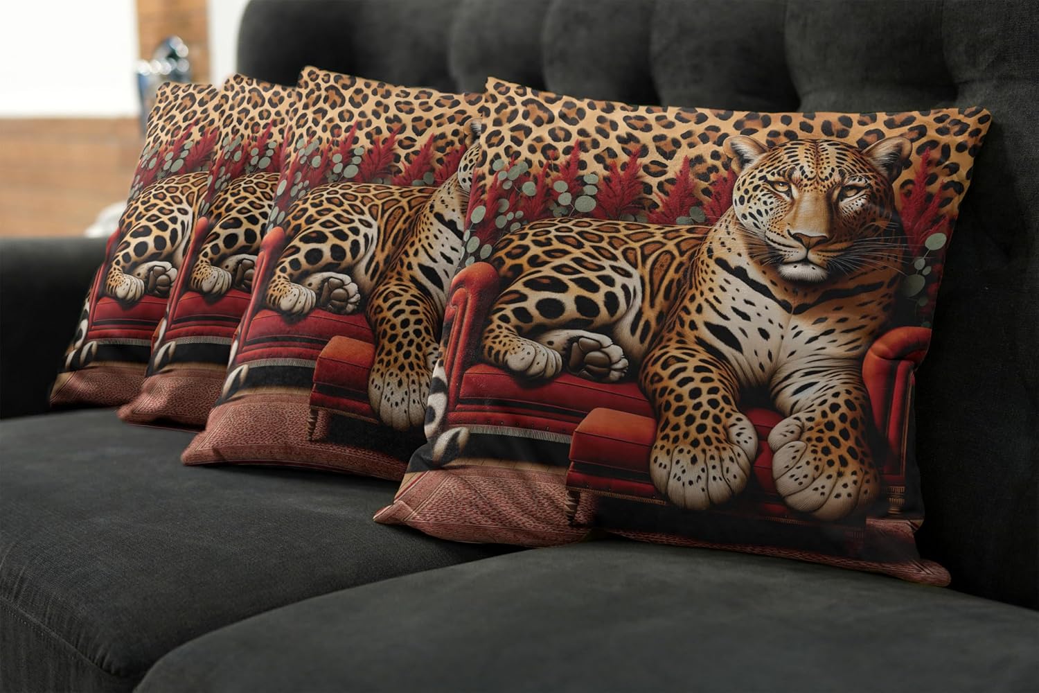 Ambesonne Leopard Throw Pillow Cushion Case Pack of 4, Bold and Wild Cat Lying Down in Sectional Sofa Front of Animal Print, Modern Accent Double-Sided Digital Printing, 16", Red Apricot Dark Salmon