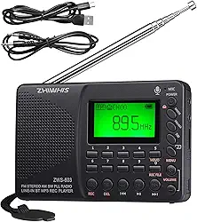 ZHIWHIS Rádio Bluetooth portátil, rádio FM AM de ondas curtas com temporizador de suspensão e função predefinida, gravador digital recarregável, reprodutor de MP3 estéreo com tela de letra, suporta cartão micro SD e auxiliar