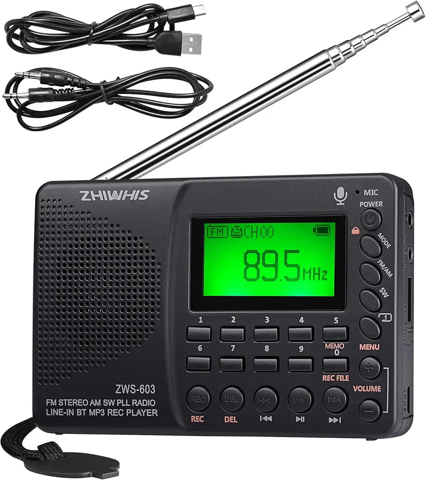 ZHIWHIS Rádio Bluetooth portátil, rádio FM AM de ondas curtas com temporizador de suspensão e função predefinida, gravador digital recarregável, reprodutor de MP3 estéreo com tela de letra, suporta cartão micro SD e auxiliar