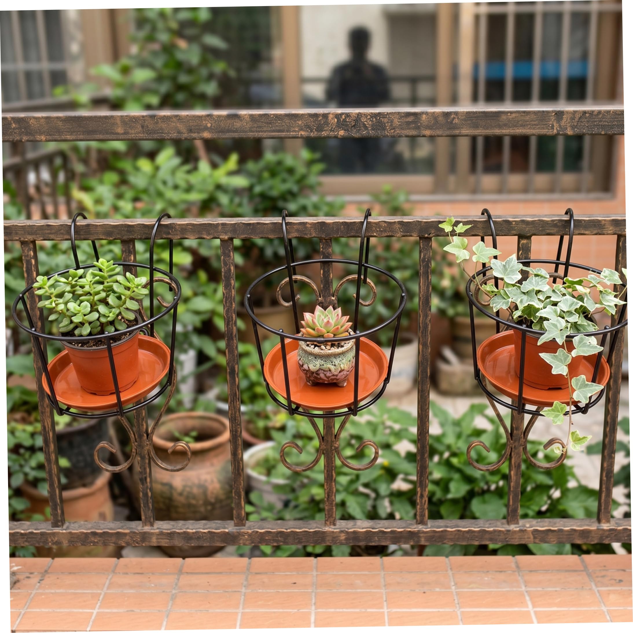 Vasi da fiori sospesi, confezione da 3 appendini per piante con ringhiera con vassoio a prova di perdite, vasi da fiori rotondi sospesi all'aperto per balcone e recinzione
