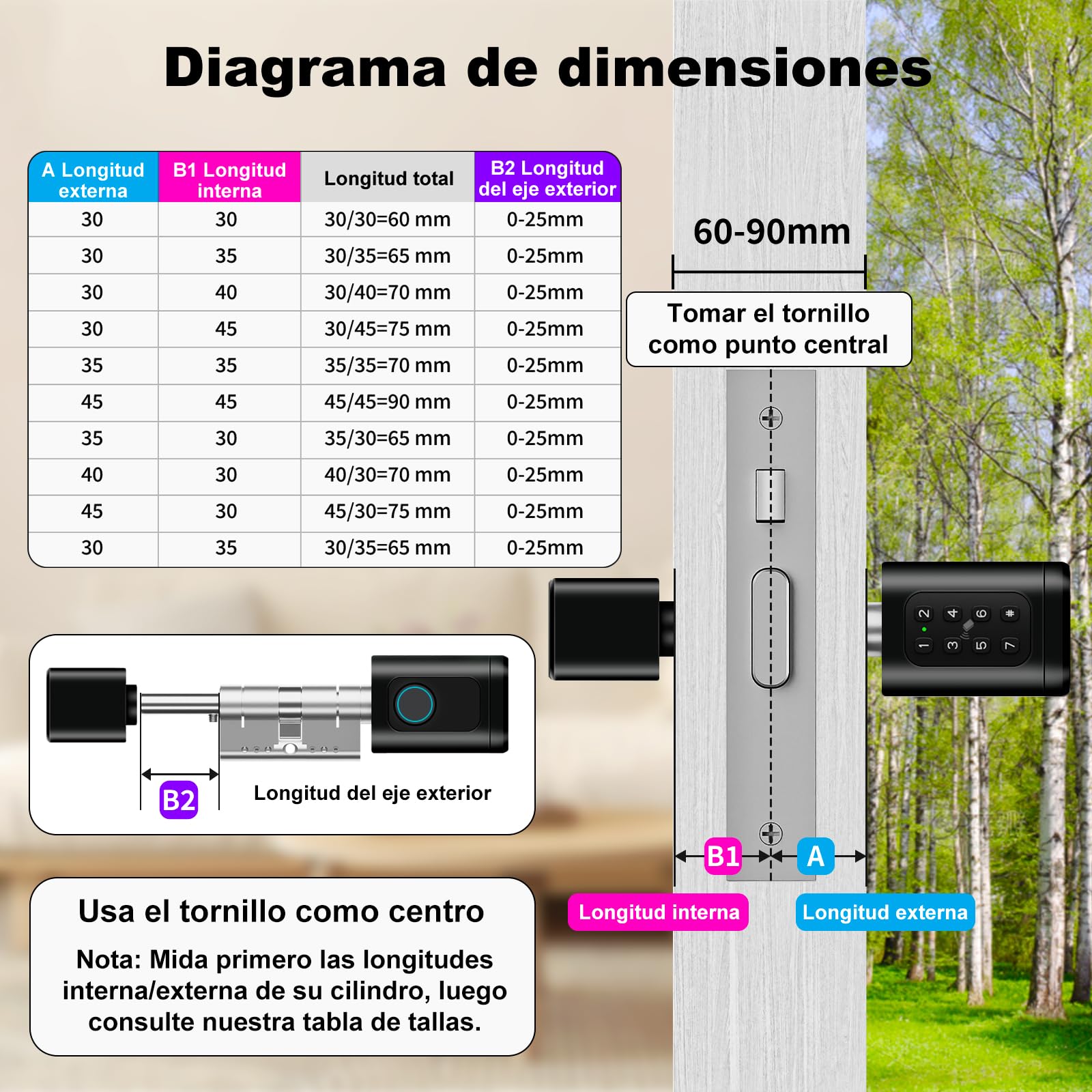 Cerradura Inteligente, Cilindro de Cerradura Ajustable 60-90mm (30/30, 45/45), Cerradura Electrónica para la Puerta de Entrada con RFID, App, Bluetooth, Teclado, WIFI, Smart Lock con Código Pin