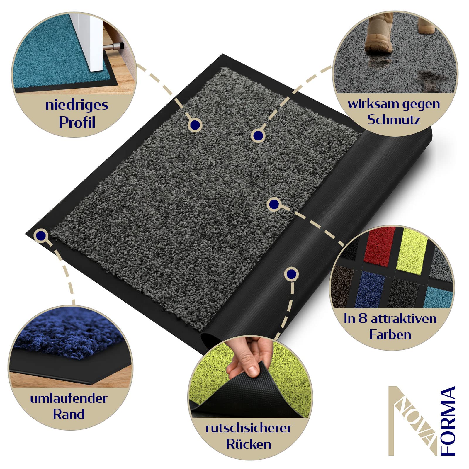 Schmutzfangmatte BRIGHT - Premium Fußmatte einfarbig - Grau 120x180 cm