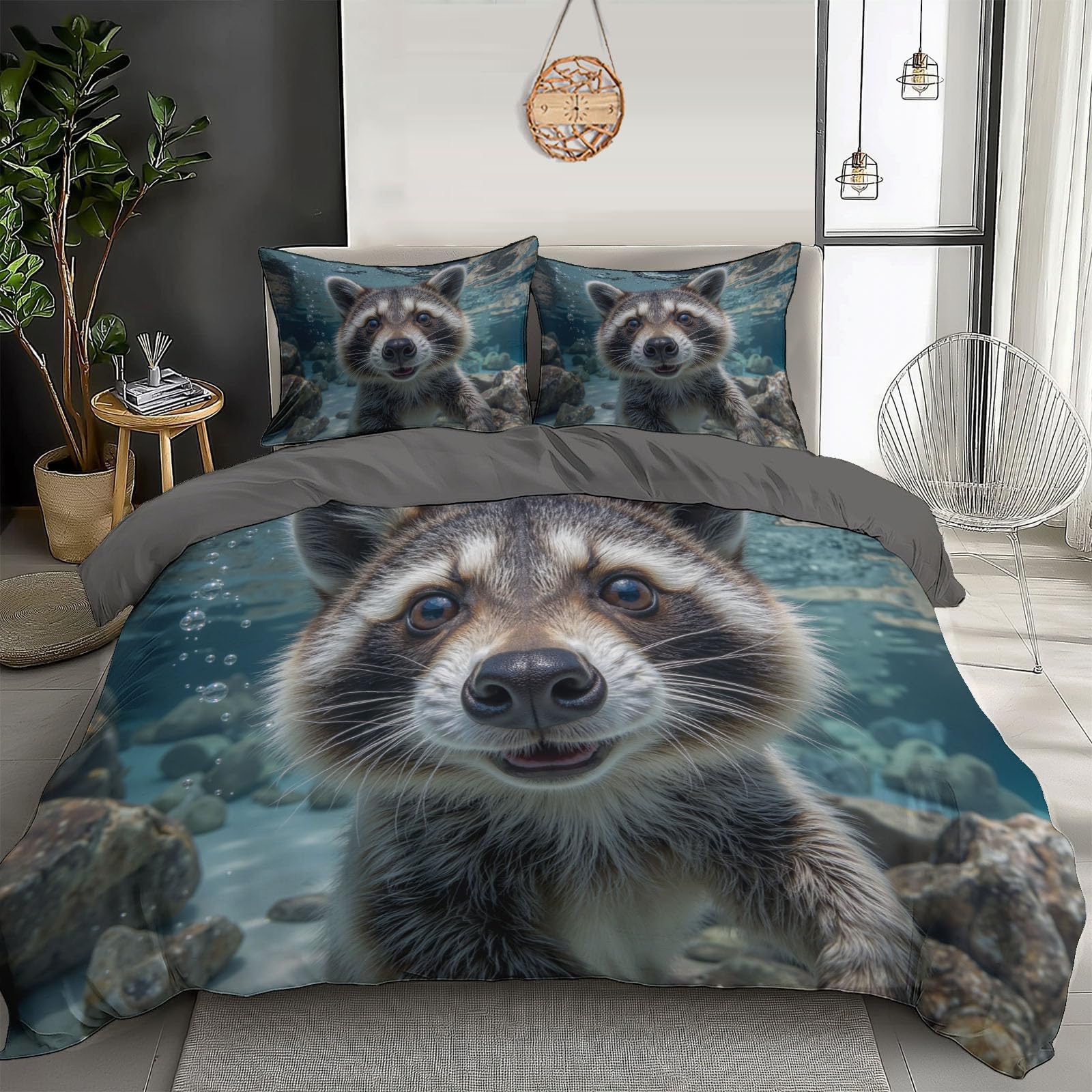 Housse de couette 220x240 raton laveur et ses 2 taies d'oreiller mignonne en microfibre