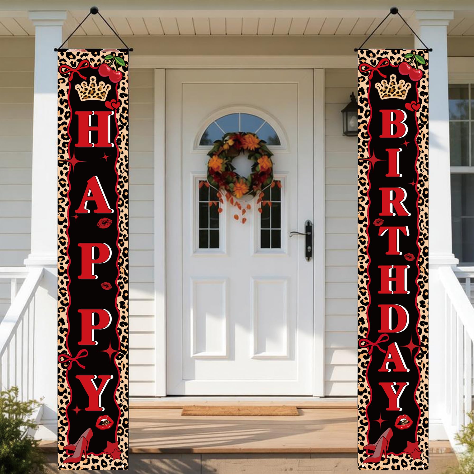 Cheetah Cherry Birthday Decorations Banner - 2 PC Leopard Happy Birthday Banner Decor Red and Black Cheetah Cherry Print Porch Banners Safari Animal for Girls Indoor Outdoor Party Supplies（180*30cm）