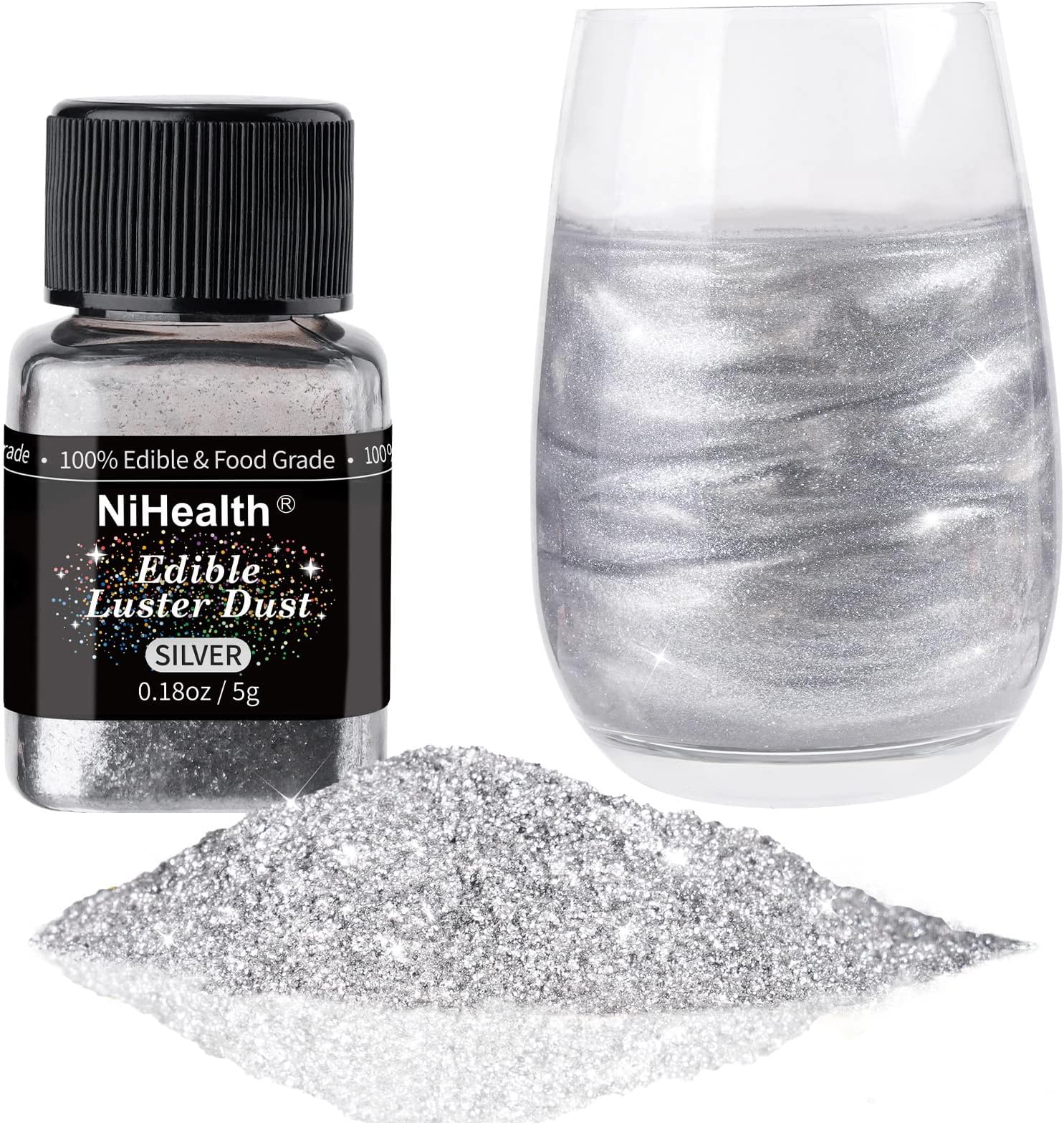 NiHome Edible Food-Grade Glimmer Powder Glitter Luster Dust Food Decorating Sprinkle Dust for Drink Wine Beverage Cake Candy Dessert Home Bakery Restaurant Vegan Allergen-Free (0.18oz/5g, Metallic)