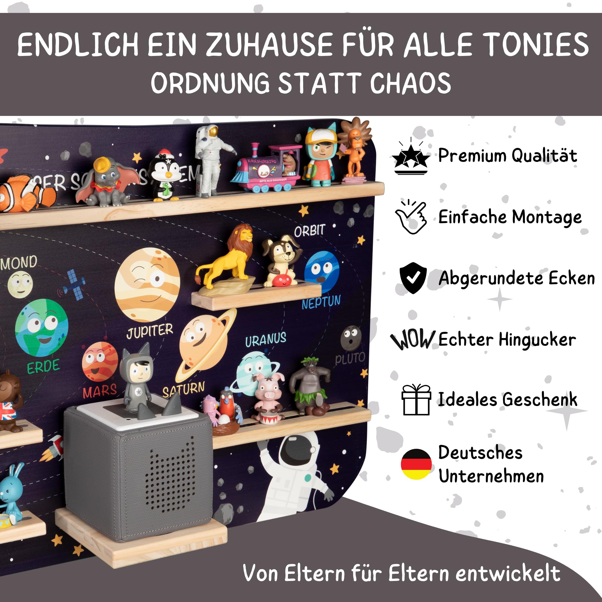 bunnyboo Toniebox Regal - für bis zu 45 Tonies - Testsieger 2024 - Magnetisches Regal für Toniebox und Figuren - geprüfte Qualität - Für Jungen und Mädchen (Astronaut)