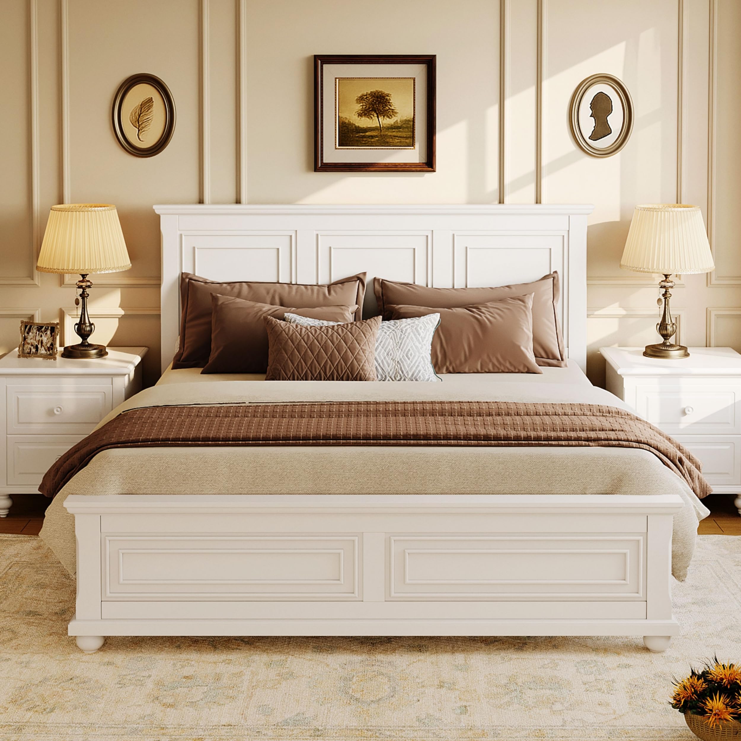 Merax King Size Bed Frame in white, fully assembled with a mattress and bedding in a bedroom setting.