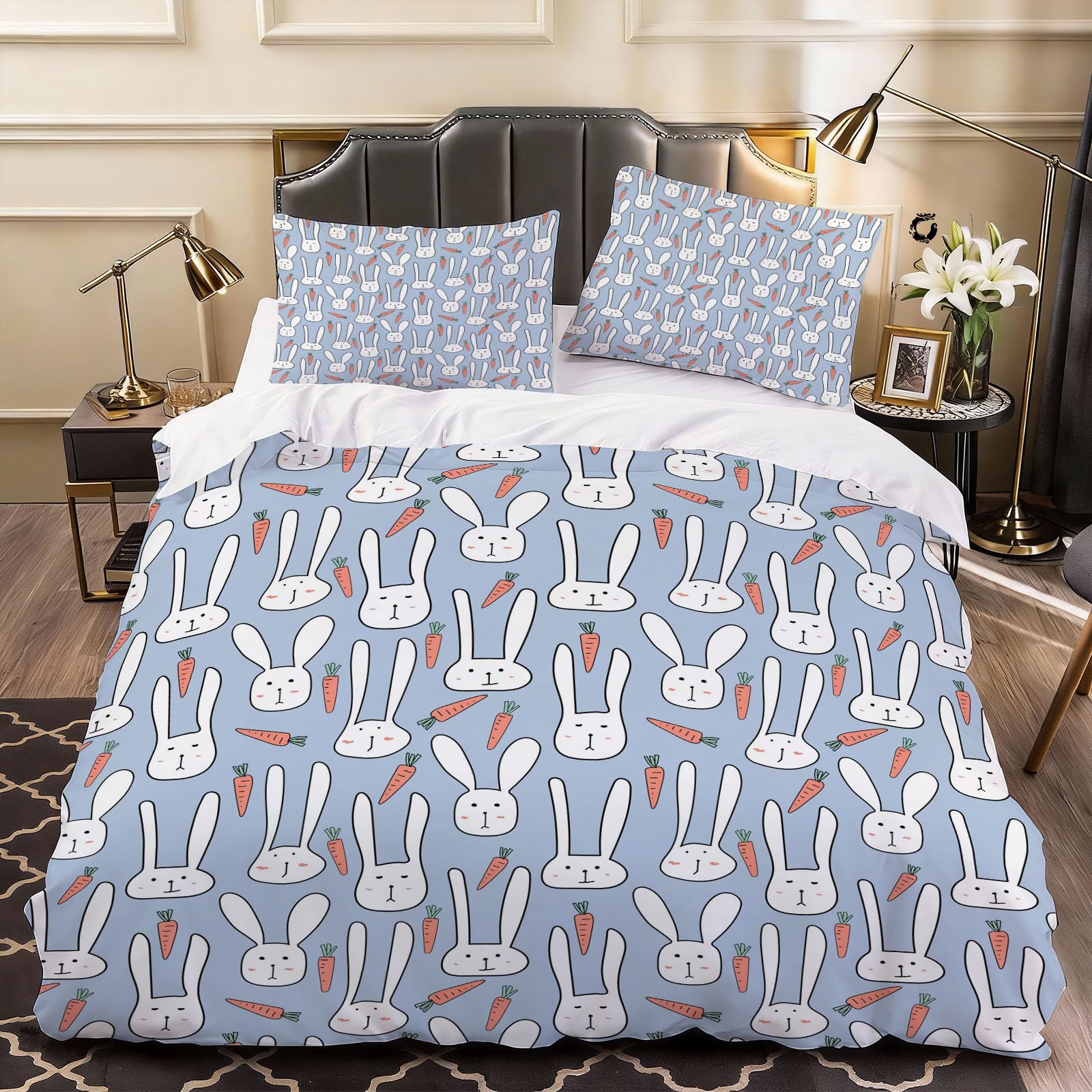 3D Animal Rabbit Duvet Cover Cartoon Bedding Super King Bed Set, Soft Microfiber Comforter Cover Printed with Zipper Closure Quilt Coverr 260x220 cm and 2 Pillowcases