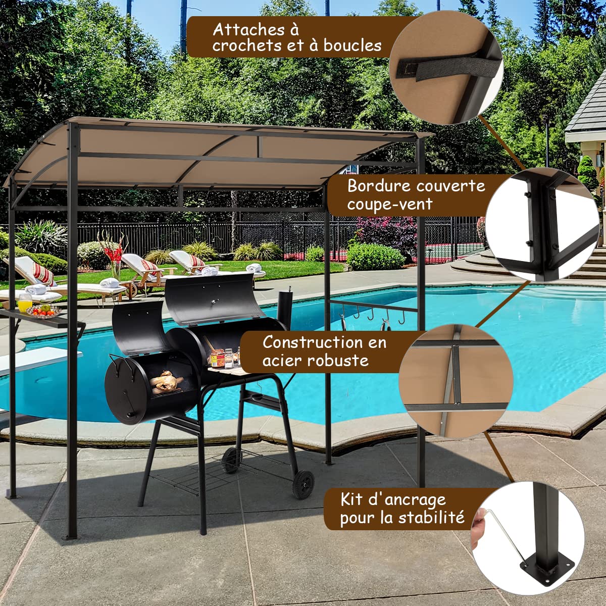 COSTWAY Abri Barbecue Exterieur de 216 cm Cadre en Métal Imperméable, Tonnelle Barbecue Exterieur avec Étagère de Service et Crochets de Rangement, Belvédère pour Jardin Cour (Marron)