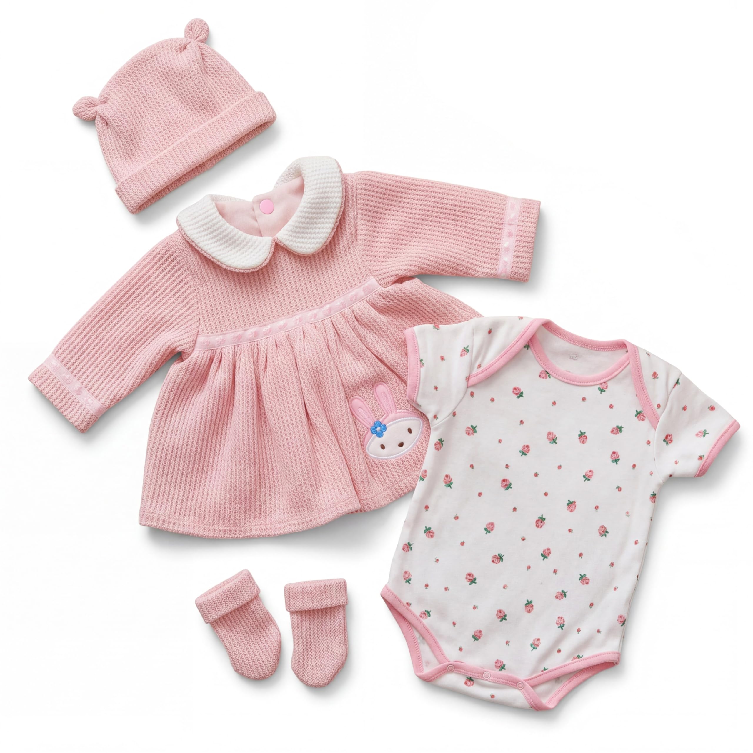 BiBi Doll Baby Girl Doll & Reborn Clothes Set, 20" (50cm) - Pink Bunny Dress Outfit with Matching Hat & Mittens - Role Play Toys & Accessories for Girls & Boys