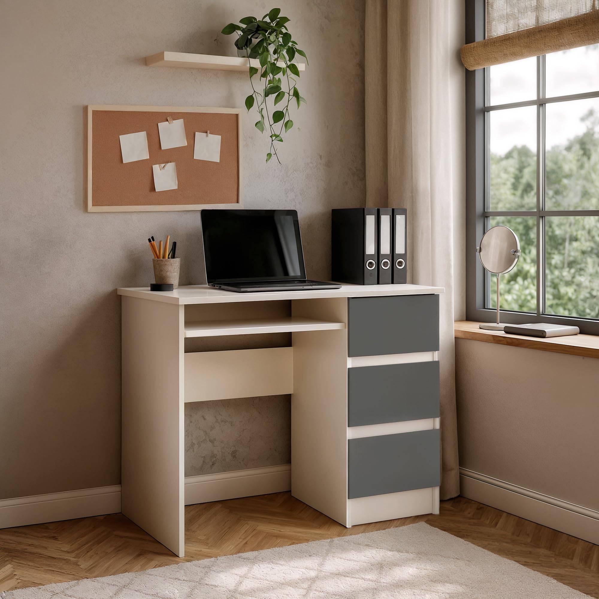 AKORD Schreibtisch A6 90 cm | 3 Schubladen Rechts | Schreibtisch | Bürotisch | Computertisch | Arbeitstisch | Laptoptisch | Bürmöbel | B90 x H77 x T50 cm | Gewicht 29,95 kg | Weiß/Graphitgrau