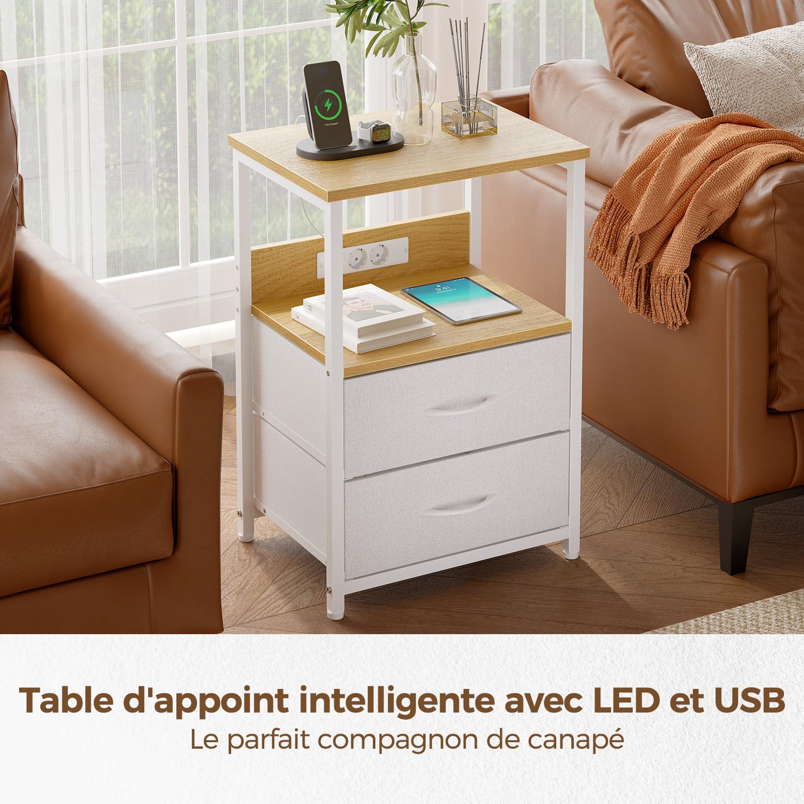 Seventable Table de Chevet avec Prise USB et 2 tiroirs - Table de Nuit connectée avec éclairage LED pour Chambre à Coucher, Salon ou canapé (Chêne Clair, Lot de 2)