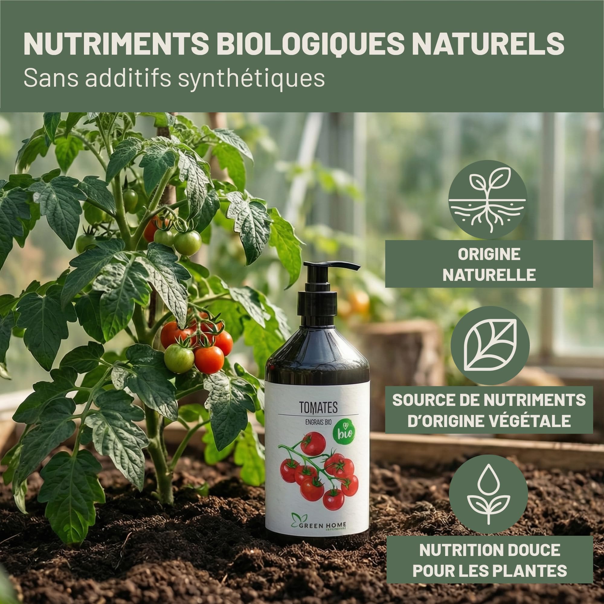 Green Home Engrais BIO Tomates 1 L avec pompe doseuse – Engrais tomates liquide NPK 3-2-6 riche en potassium et calcium – Pour potager, bac et serre