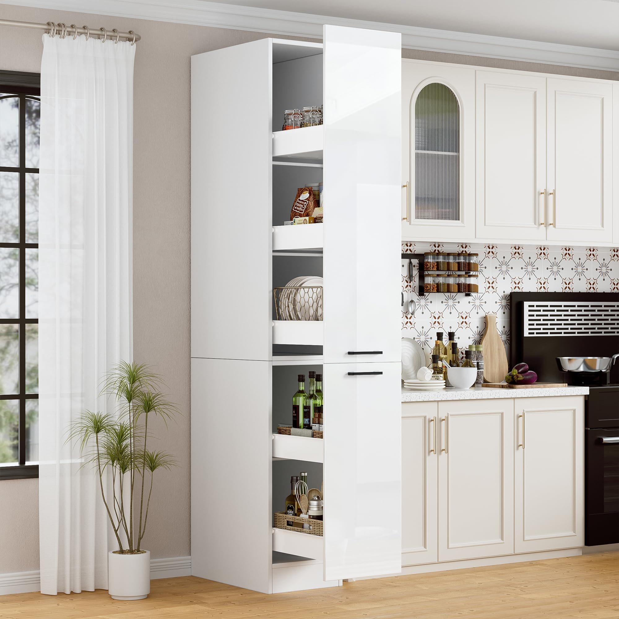 MSFE 207cm Meuble Haute de Cuisine, Meuble de Rangement Mince étroit à Tiroirs Coulissants,Moderne pour Pharmacie de Cuisine, Armoire Cuisines,207 * 56 * 30cm,Beaucoup d'espace de Rangement,Blanc bri