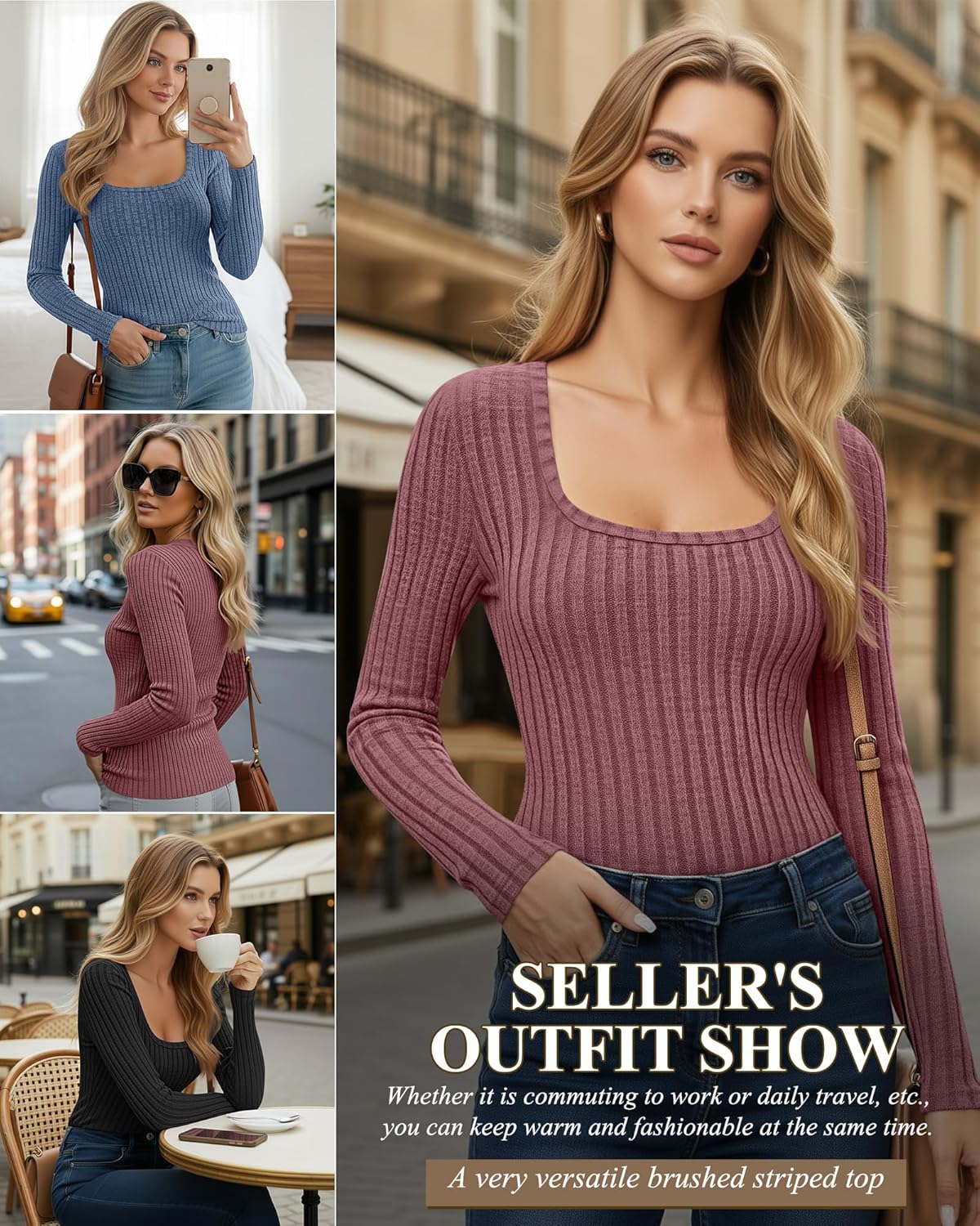 3 Pack Women's Long Sleeve Sweaters Ribbed Square Neck Slim Fit Tops Casual Stretch Lightweight Pullover Sweaters - Image 2