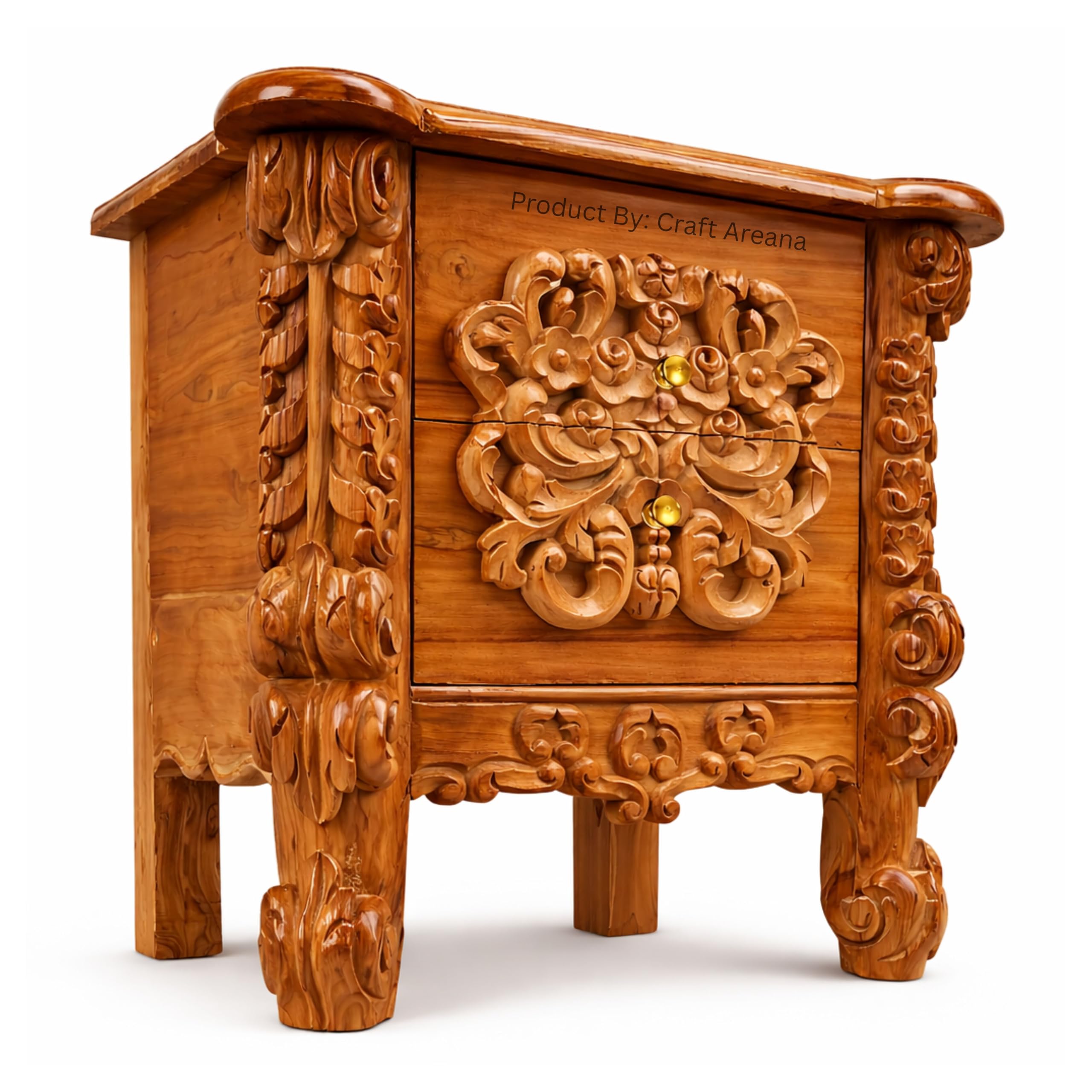 Handcrafted Solid Wood Bedside Table with 2 Drawers | Wooden Nightstand for Bedroom | Traditional Carved Side Table | Premium Teak Wood Finish End Table (21 x 21 x 14 Inches)-image-15