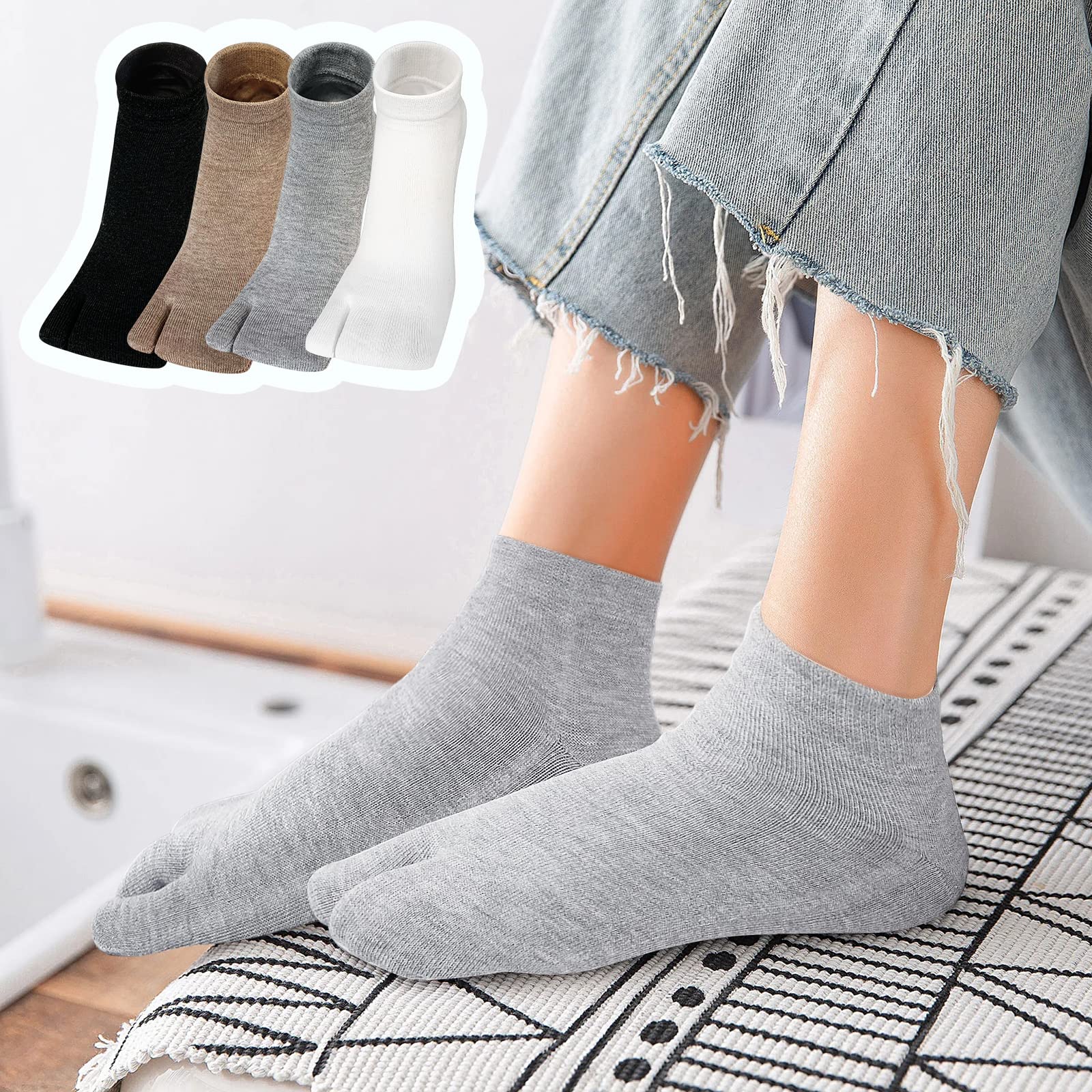 ZAKASA Tabi Mujer Calcetines: Japoneses, Dedos de Deporte para Chanclas, Geta Tabi, Algodón Suave y Transpirable, 4 Pares