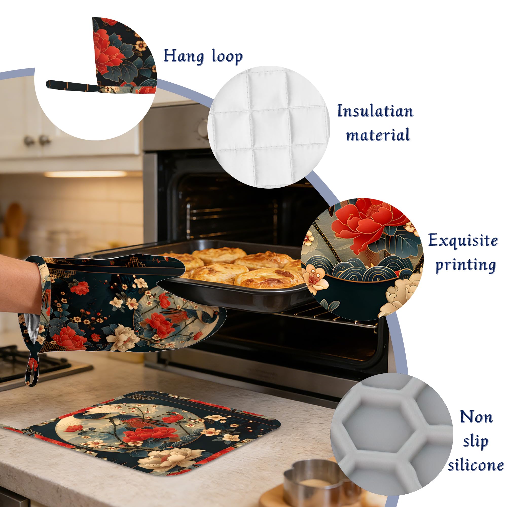 Lot de 4 maniques et maniques en silicone motif grue japonaise rétro - Accessoires de cuisine - Résistants à la chaleur - Antidérapants - Pour chef cuisinier - Cadeaux pour homme et femme