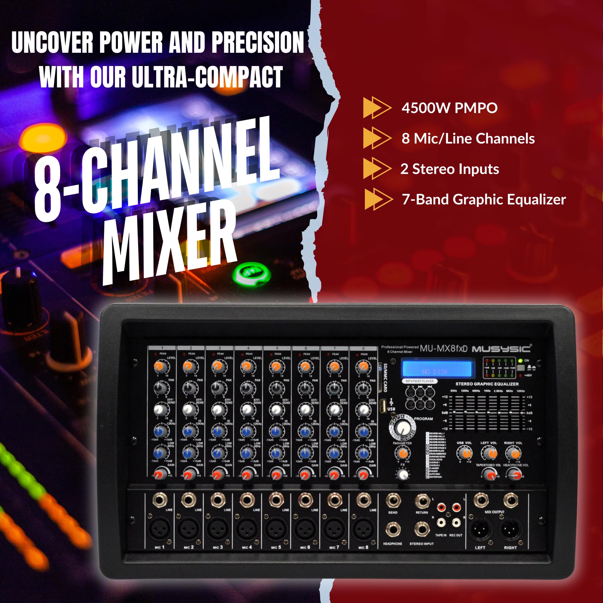 Amazon.com: MUSYSIC 8 Channel 4500W Digital DJ Audio Mixer Power