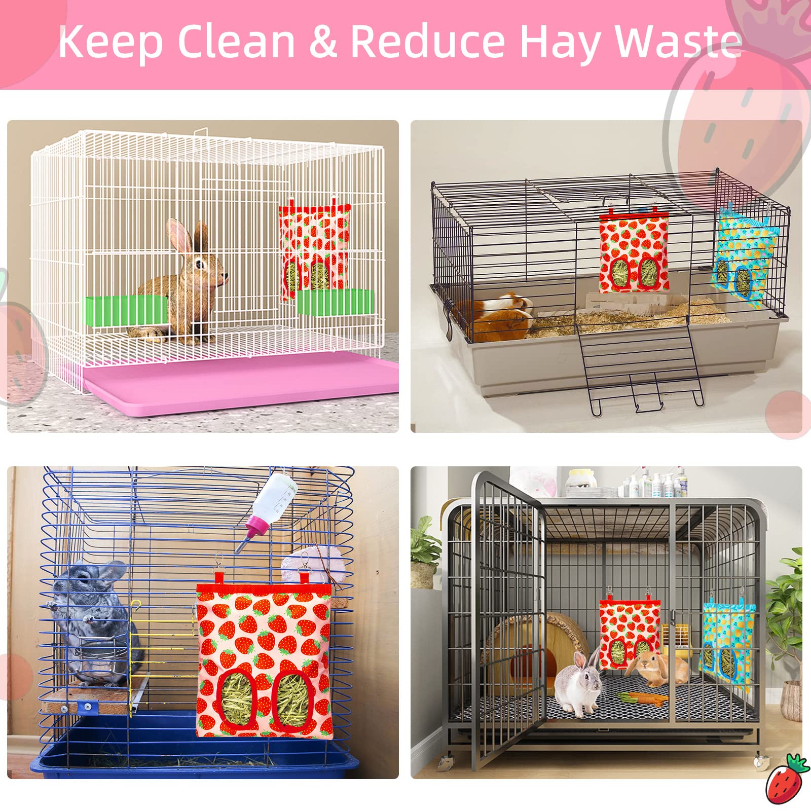 2Packs Large Rabbit Hay Feeder Bag, Upgraded Guinea Pig Hay Feeder with 3 Hooks, Chew Proof Washable Hay Bag for Rabbits Bunny Chinchilla Hamster, Mess Free Grass Holder 2 Holes, 9.8x11.4 Inch - image 8