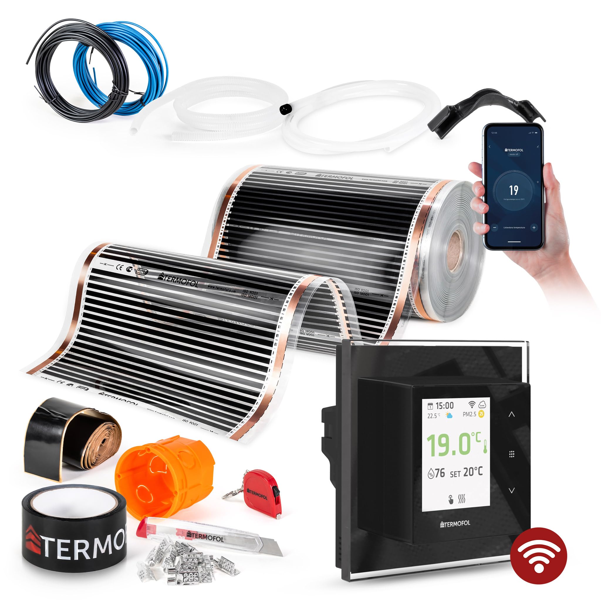 Termofol Elektryczne ogrzewanie podłogowe folia grzewcza 230 V – z termostatem H7 WIFi Black – moc 220 W/m2 – powierzchnia 3 m² – ogrzewanie podłogowe, kompletny zestaw do podłóg