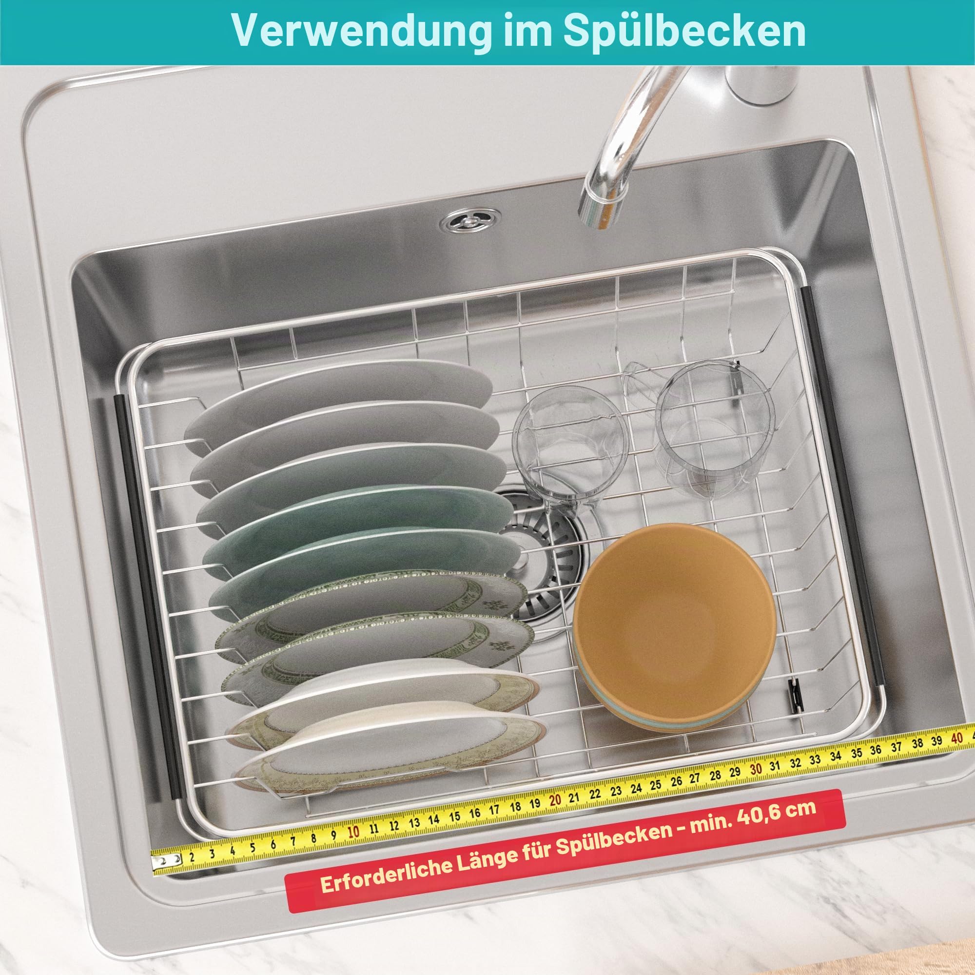 iPEGTOP Erweiterbares Abtropfgestell für Geschirr – Rostfreies Edelstahl Abtropfkorb für Spüle, Multifunktionaler Geschirrständer mit Besteckhalter, Innen-Sink-Organizer