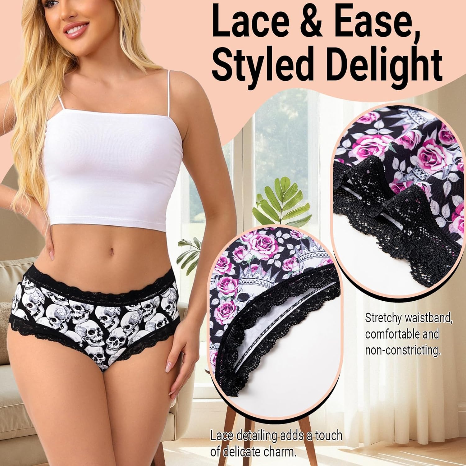 Women's Gothic Lace Hipster Panties 5~6Pack:Skull Rose Halloween Print,Pink Low Rise Bikini Soft Comfy Sexy Underwear - Image 7